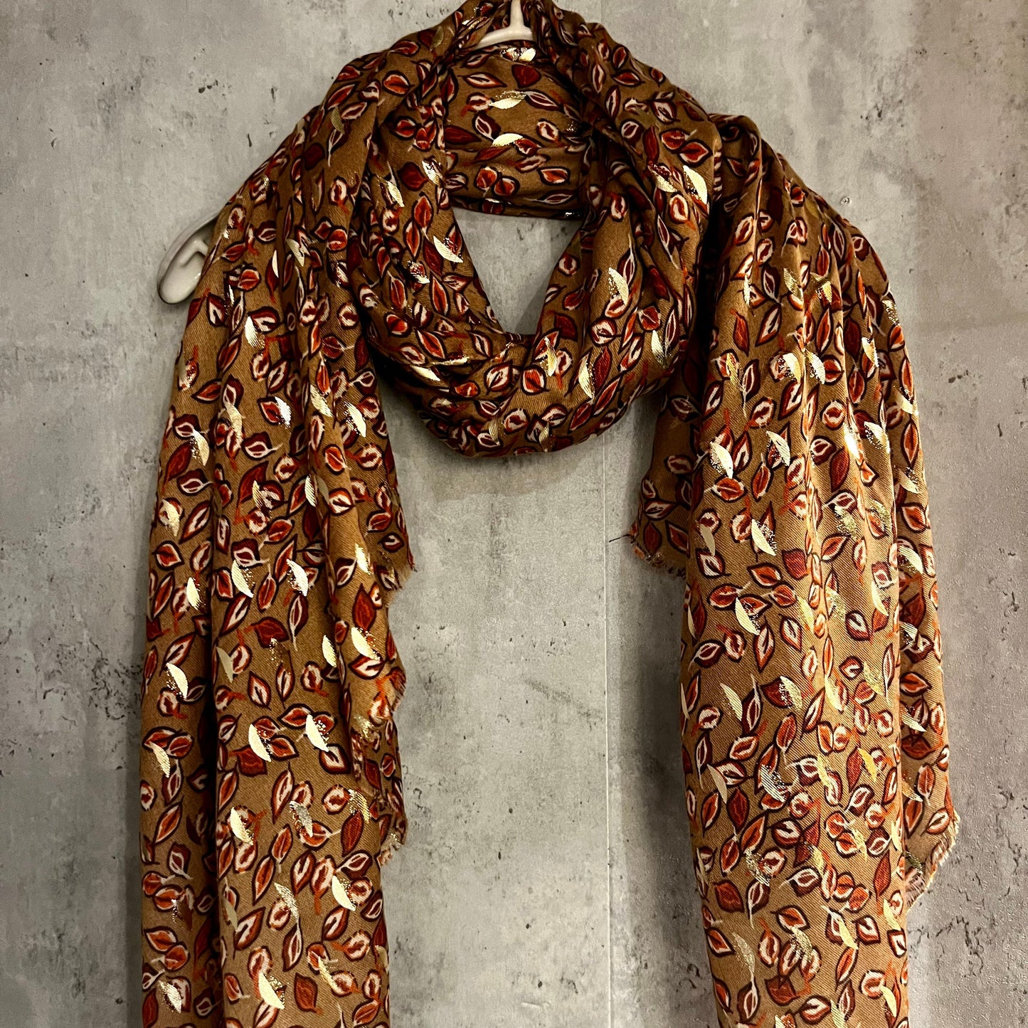 Seamless Small leaf’s With Gold Foil Brown Cotton Scarf/Summer Autumn Winter Scarf/Gifts For Mum/Gifts For Her Birthday Christmas/UK Seller