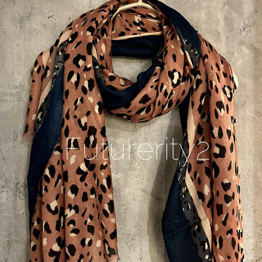 Leopard Pattern With Blue Trim Brown Cotton Scarf/Summer  Autumn Scarf/Scarf Women/Gifts For Mum/Gifts For Her Birthday Christmas/UK Seller
