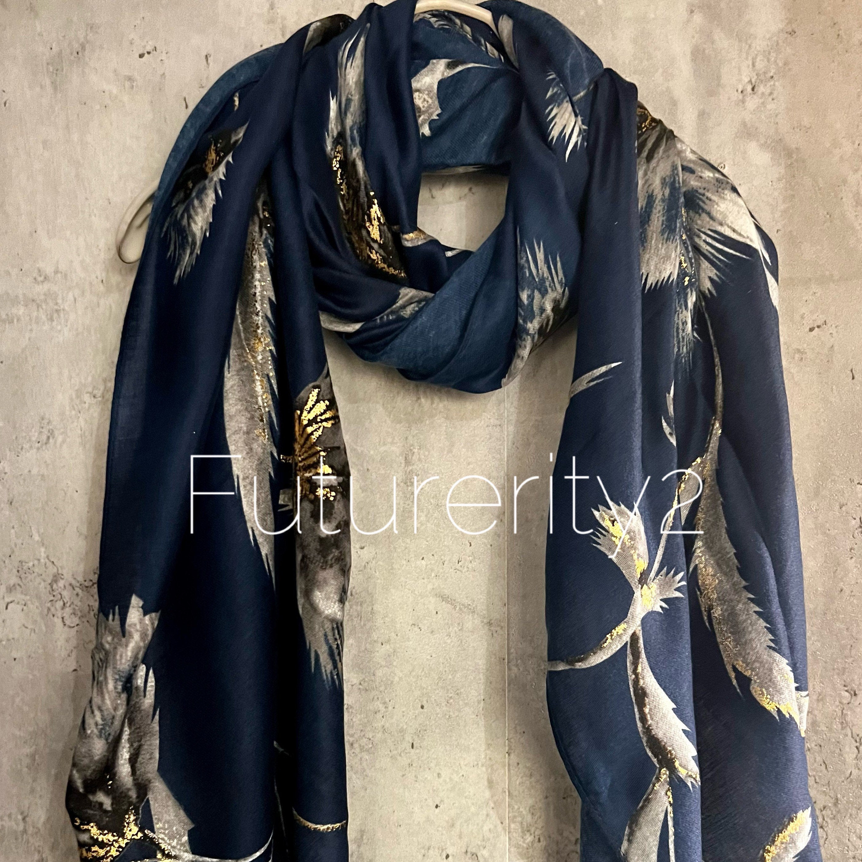 Thistle Flower With Gold Dusk Blue Cotton Scarf