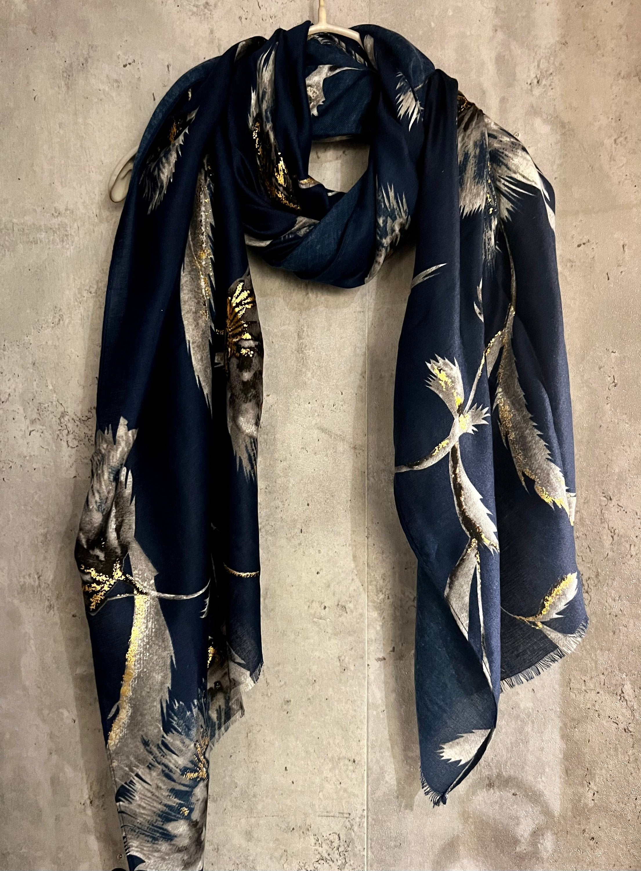 Thistle Flower With Gold Dusk Blue Cotton Scarf