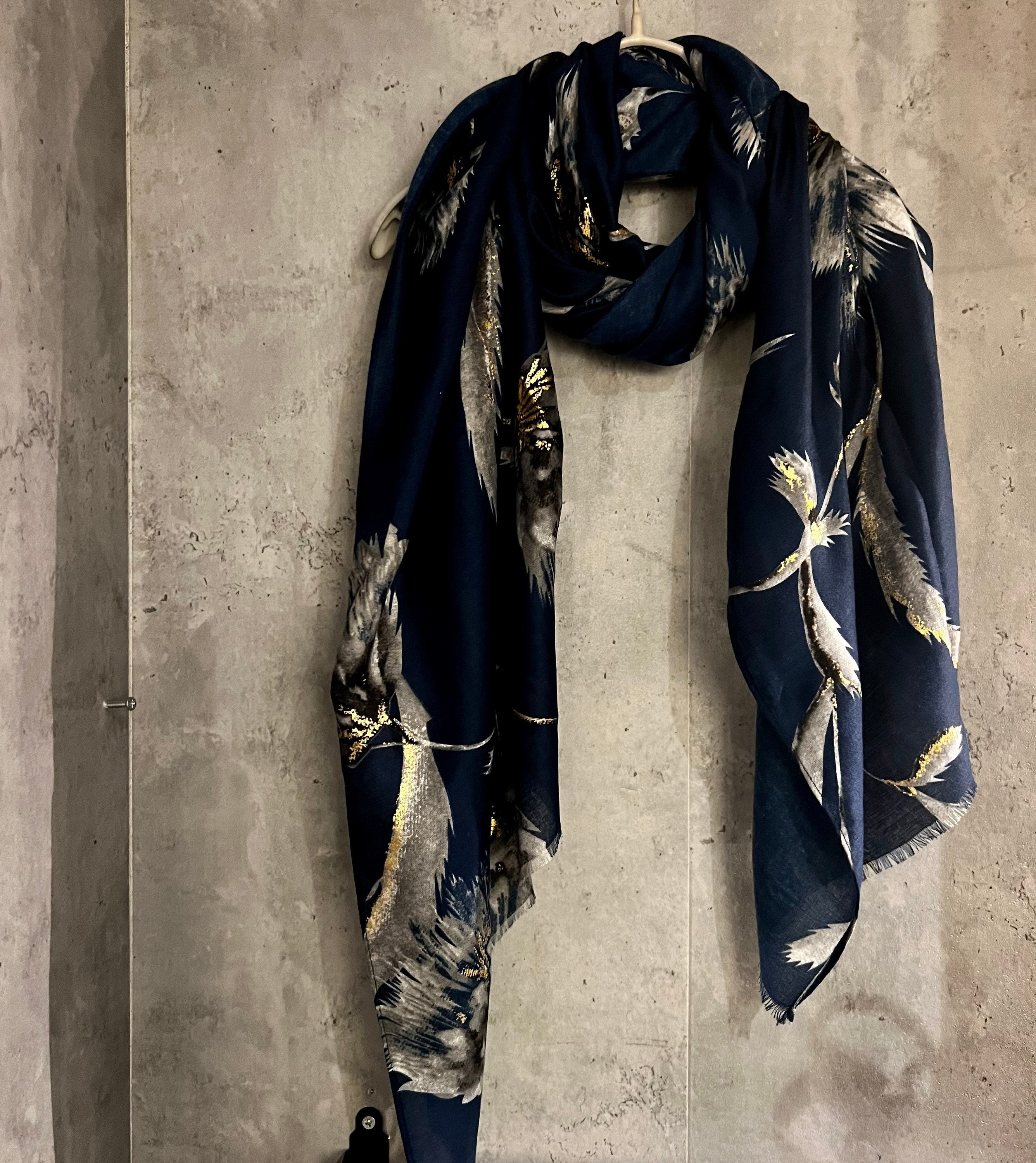 Thistle Flower With Gold Dusk Blue Cotton Scarf