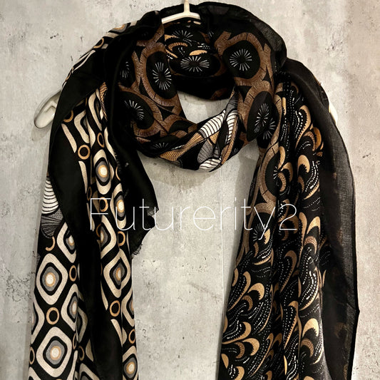 Retro Pattern Inspired Black Cotton Scarf/Summer Autumn Scarf/Gifts For Her/Scarf Women/Gifts For Mum/Christmas Birthday Gifts/UK Seller