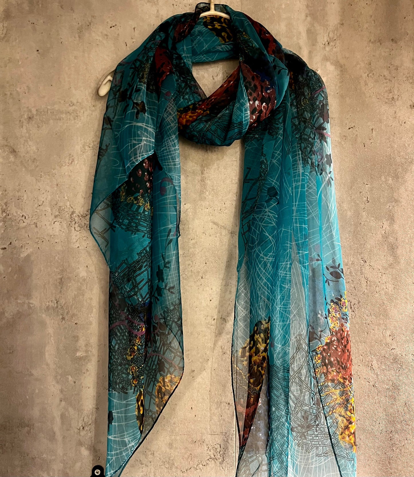 Ethnic Flowers Blue Silk Scarf/Spring Summer Autumn Scarf/Scarf Women/Gifts For Her Birthday Christmas/UK Seller/Evening Wedding Scarf