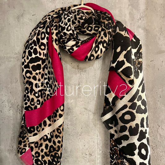 Leopard Pattern With Pink Lines Beige Cotton Scarf/Summer Autumn Winter Women Scarf/Gifts For Her Birthday Christmas/UK Seller