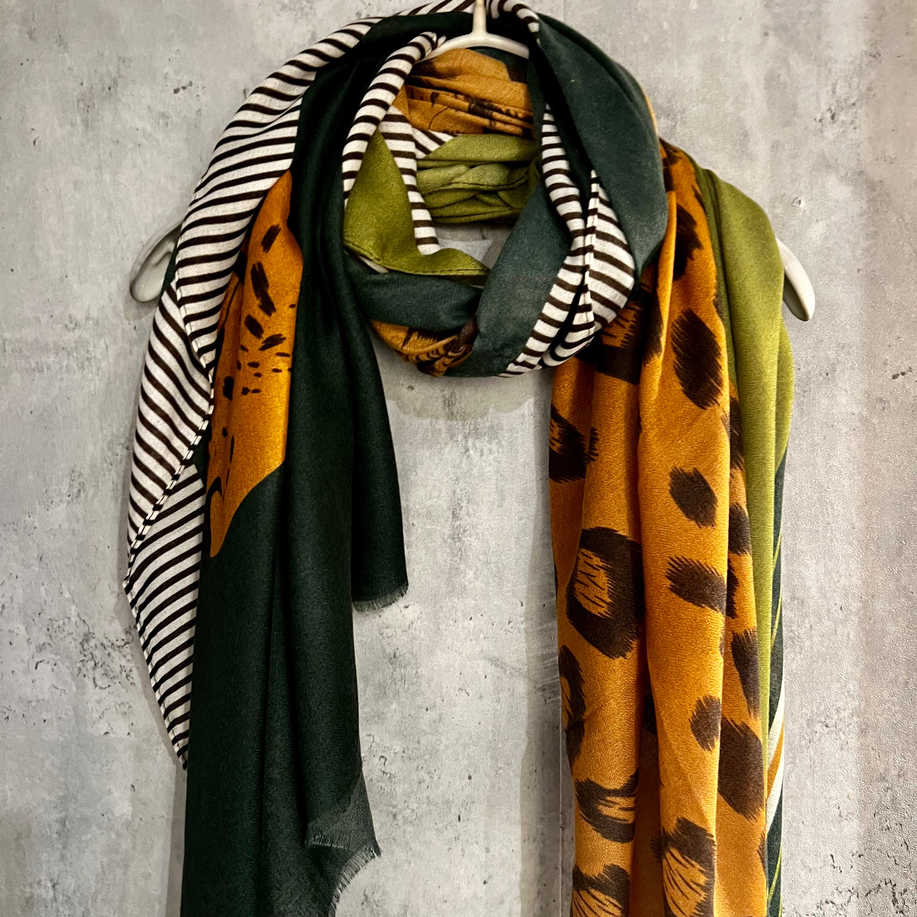 Geometric Leopard Pattern Green Brown Cotton Scarf
