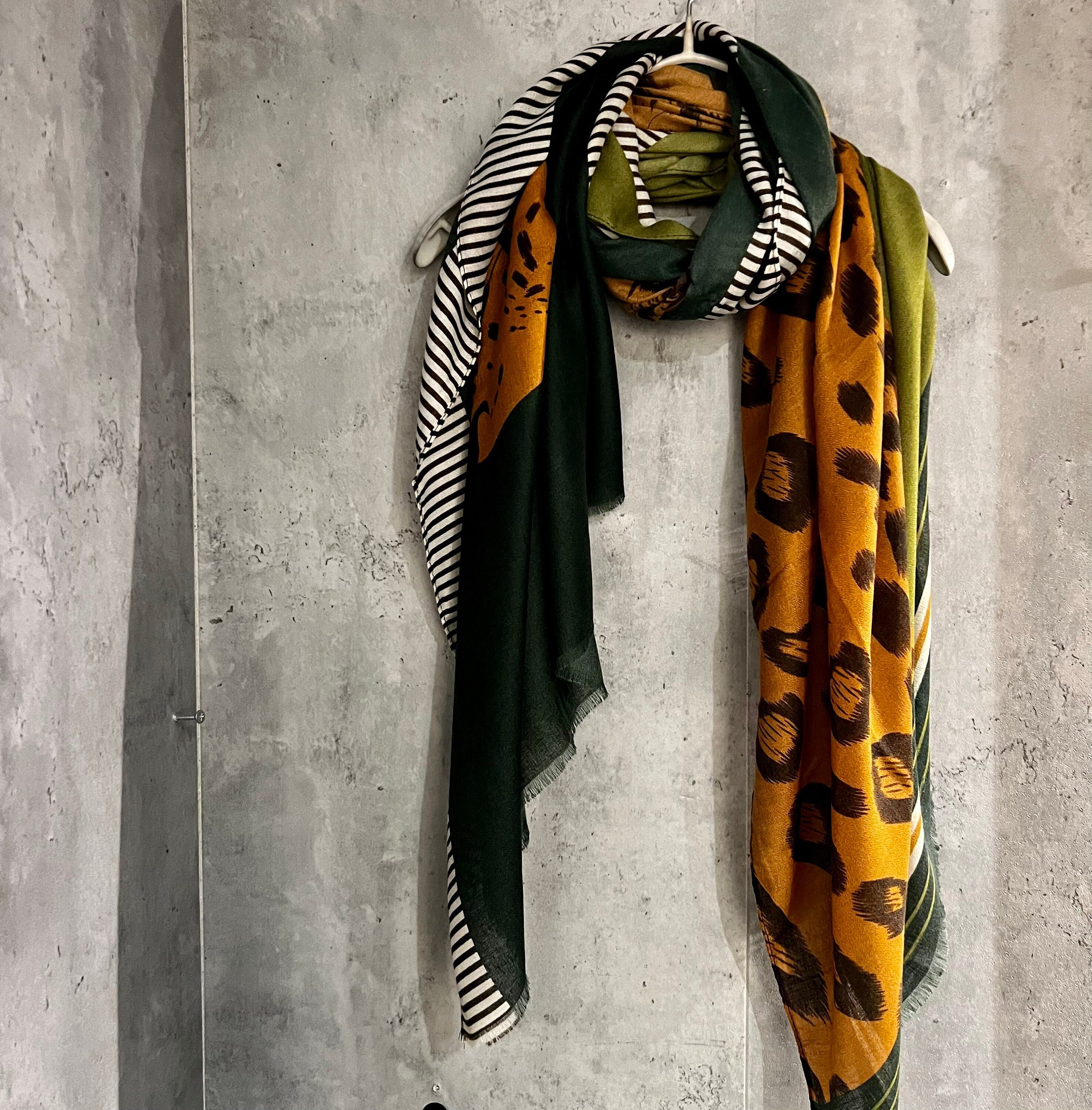 Geometric Leopard Pattern Green Brown Cotton Scarf