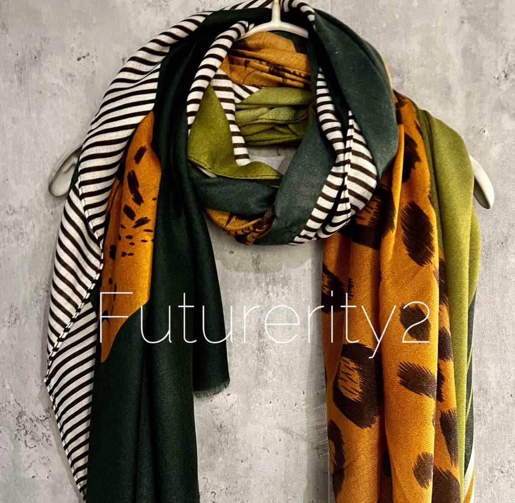 Geometric Leopard Pattern Green Brown Cotton Scarf