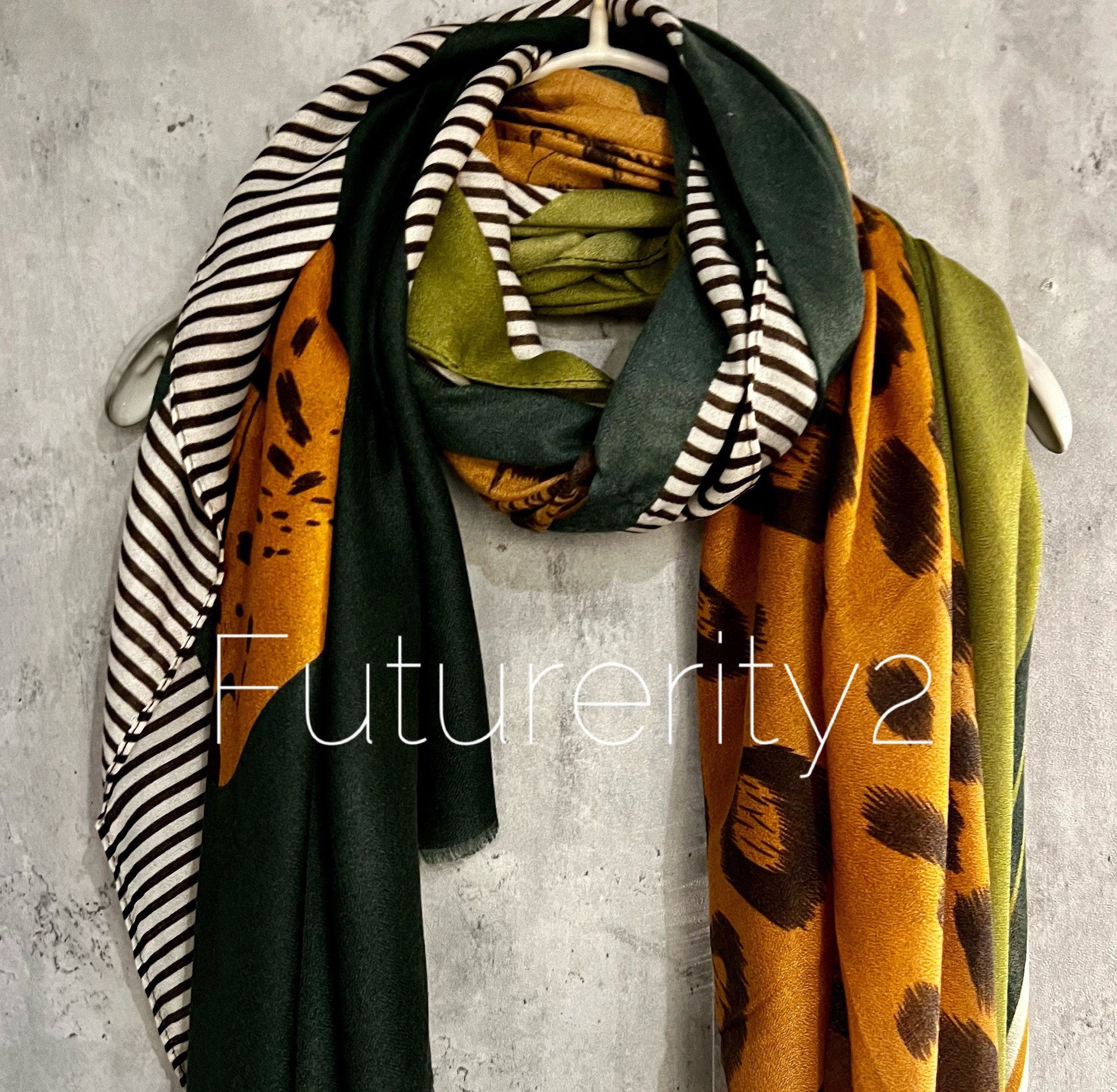 Geometric Leopard Pattern Green Brown Cotton Scarf