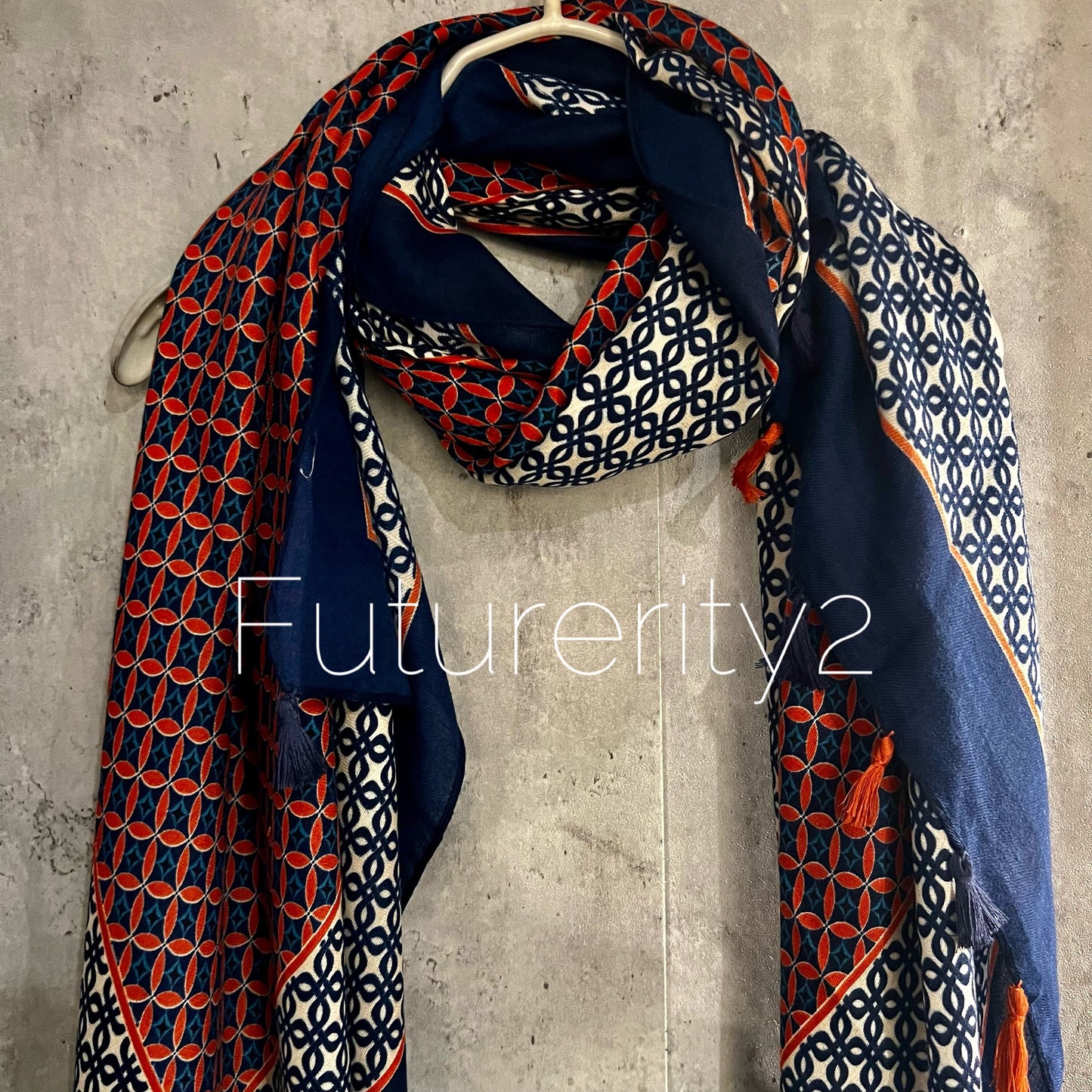 Seamless Tiles Pattern With Tassel Blue Cotton Scarf/Summer Autumn Winter Scarf/Gift For Mum/Scarf Women/Gift Birthday Christmas/UK Seller