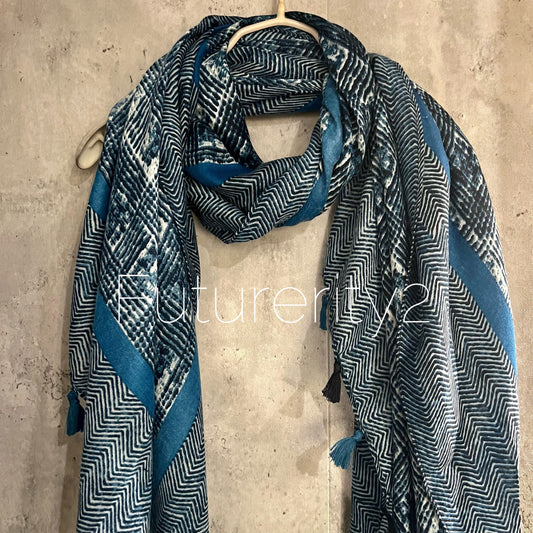 Tweed Pattern With Blue Trim Tassels Cotton Scarf/Summer Autumn Winter Scarf/Gifts For Her Birthday Christmas/Gift For Mum/UK Seller