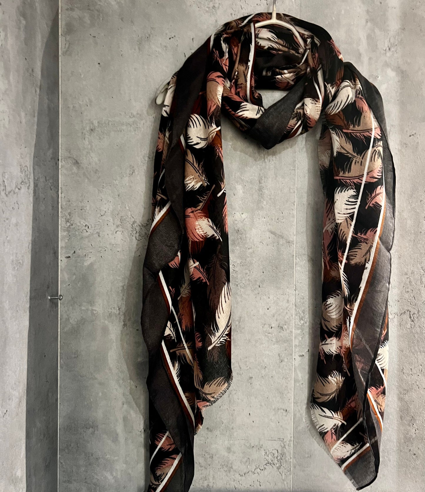 Grey Cotton Scarf with Floating Pink Beige Feathers – A Stylish and Versatile Gift for Her