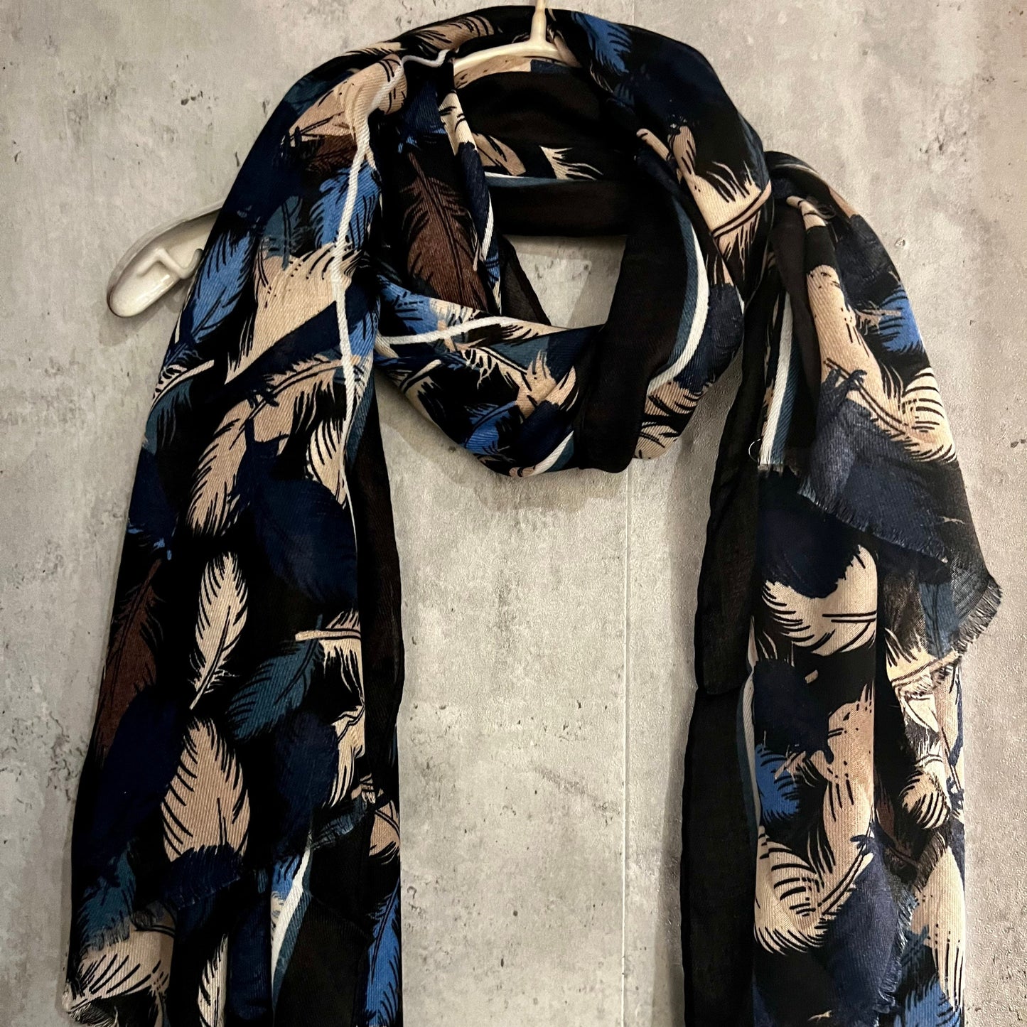 Black Cotton Scarf with Floating Blue Beige Feathers – A Stylish and Versatile Gift for Her