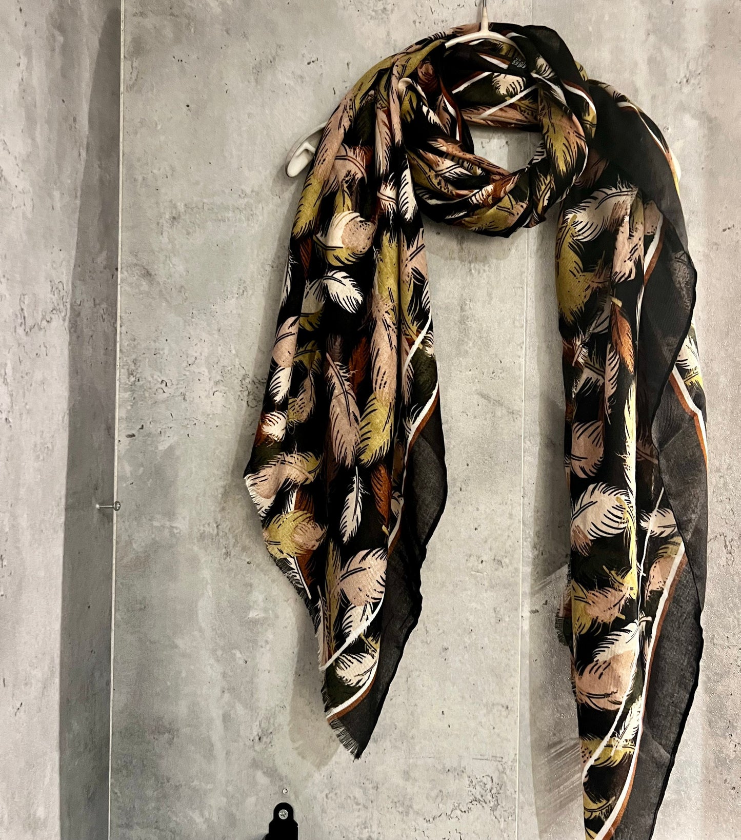 Black Cotton Scarf with Floating Green Beige Feathers – A Stylish and Versatile Gift for Her