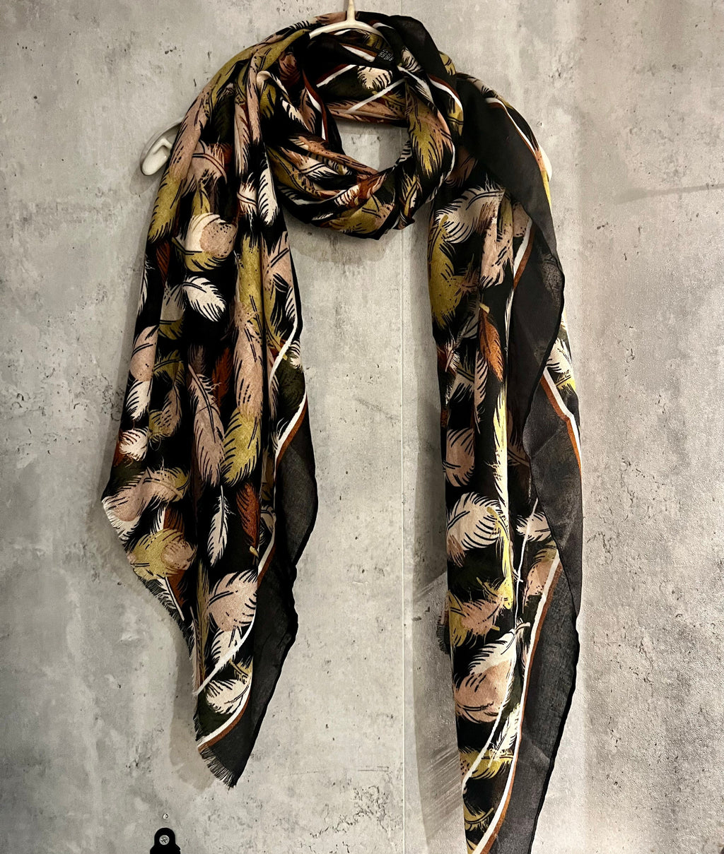 Black Cotton Scarf with Floating Green Beige Feathers – A Stylish and Versatile Gift for Her