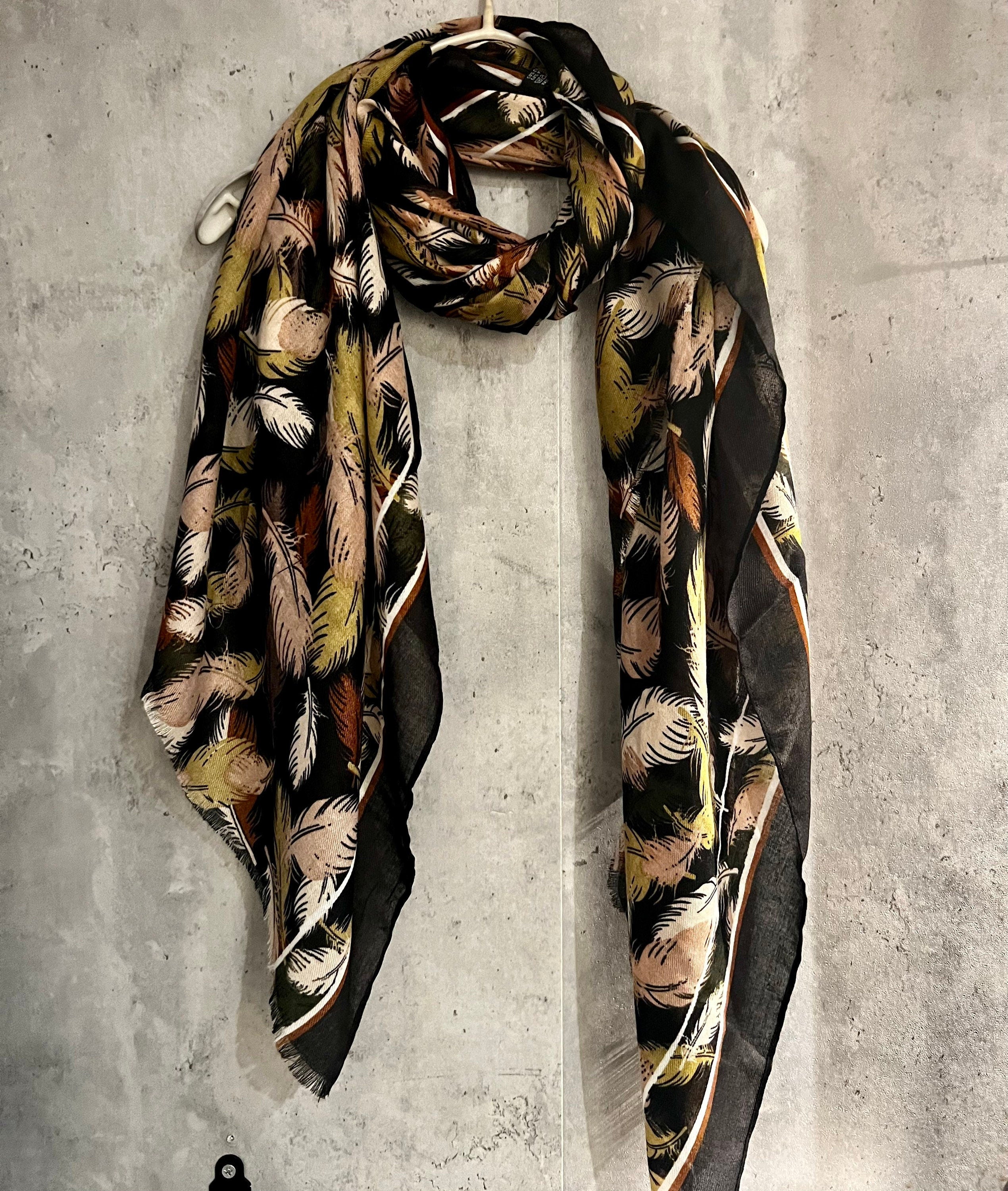 Black Cotton Scarf with Floating Green Beige Feathers – A Stylish and Versatile Gift for Her