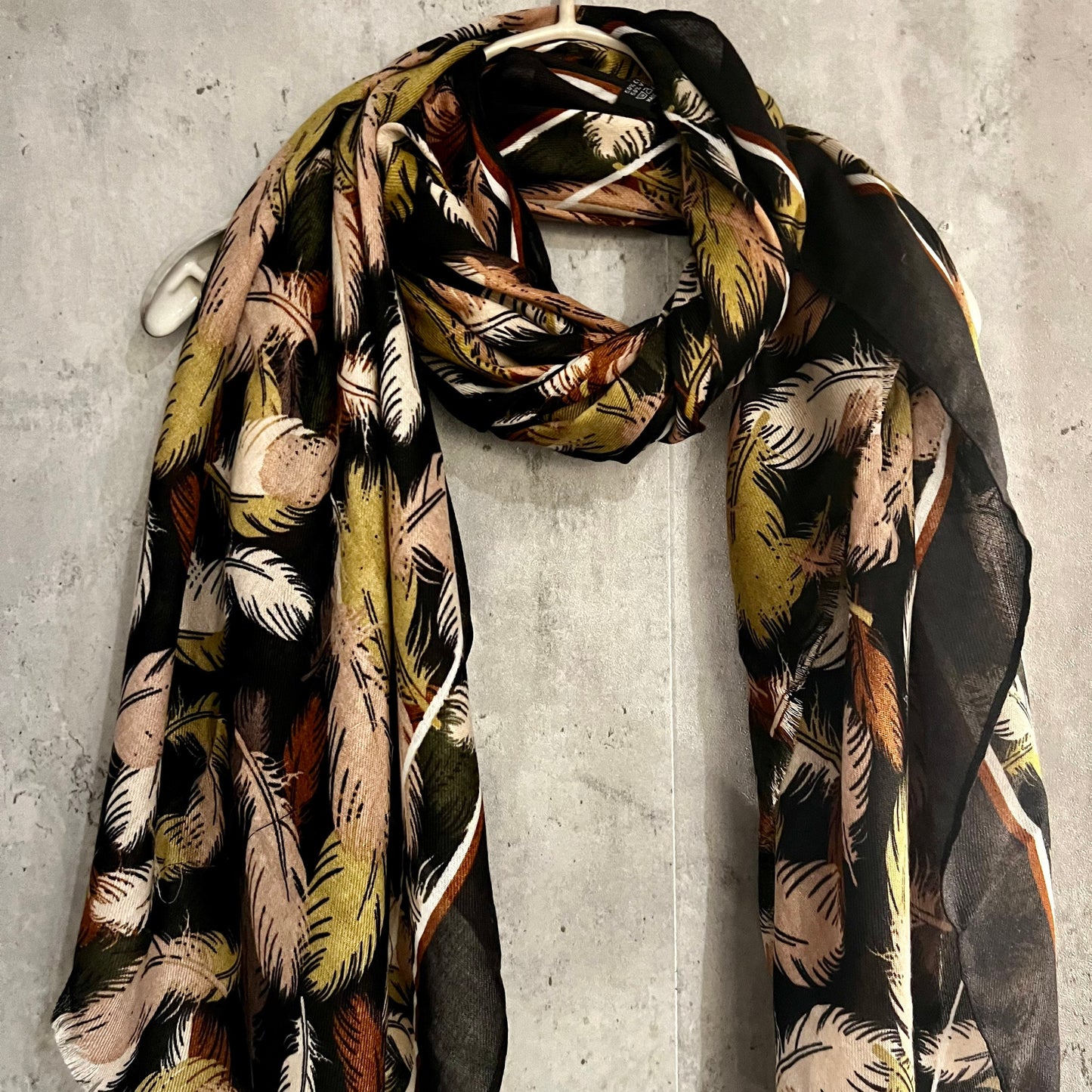 Black Cotton Scarf with Floating Green Beige Feathers – A Stylish and Versatile Gift for Her