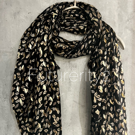 Seamless Small leaf’s With Gold Foil Black Cotton Scarf/Summer Autumn Winter Scarf/Gifts For Mum/Gifts For Her Birthday Christmas/UK Seller