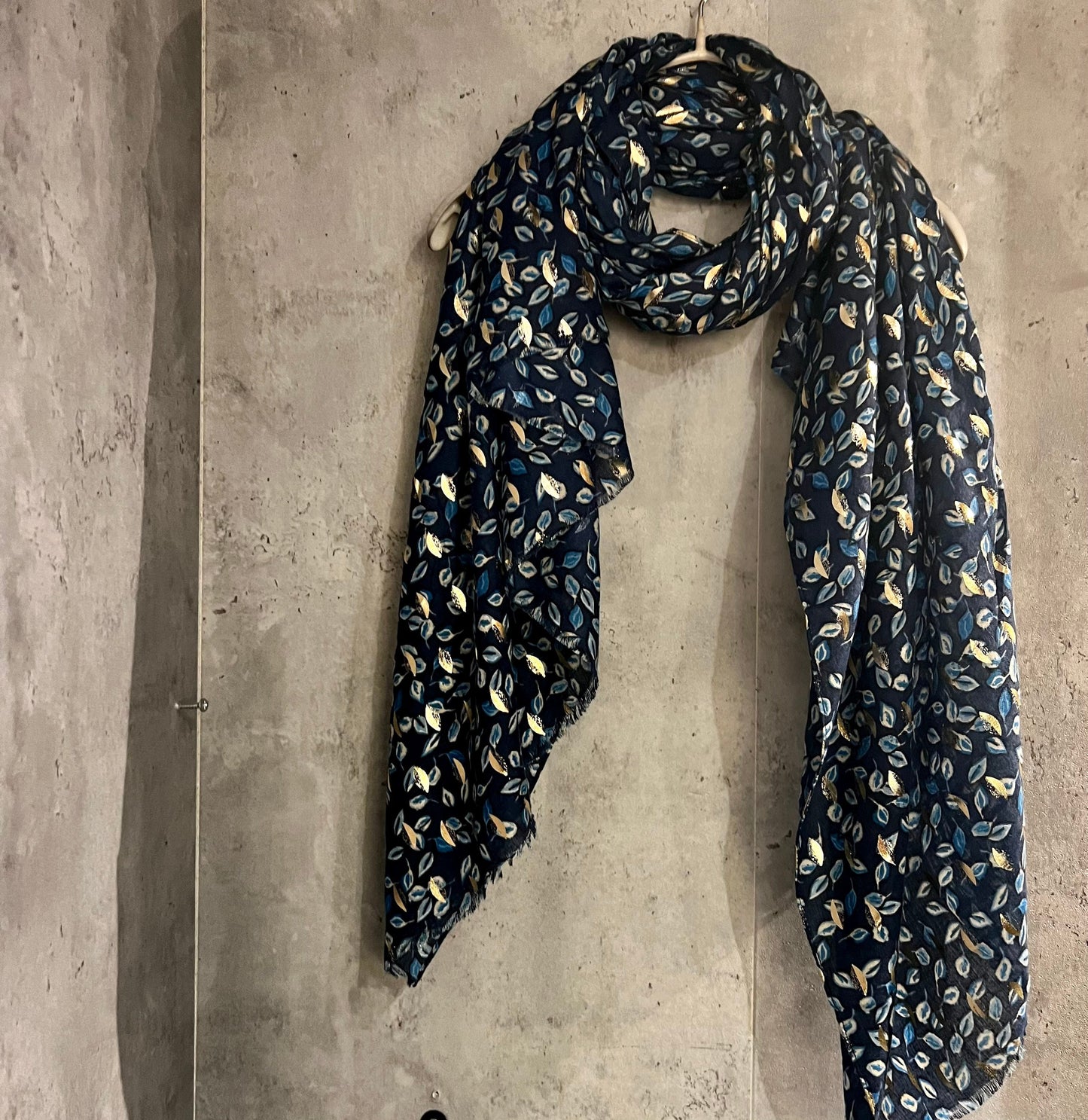 Seamless Small leaf’s With Gold Foil Blue Cotton Scarf/Summer Autumn Winter Scarf/Gifts For Mum/Gifts For Her Birthday Christmas/UK Seller