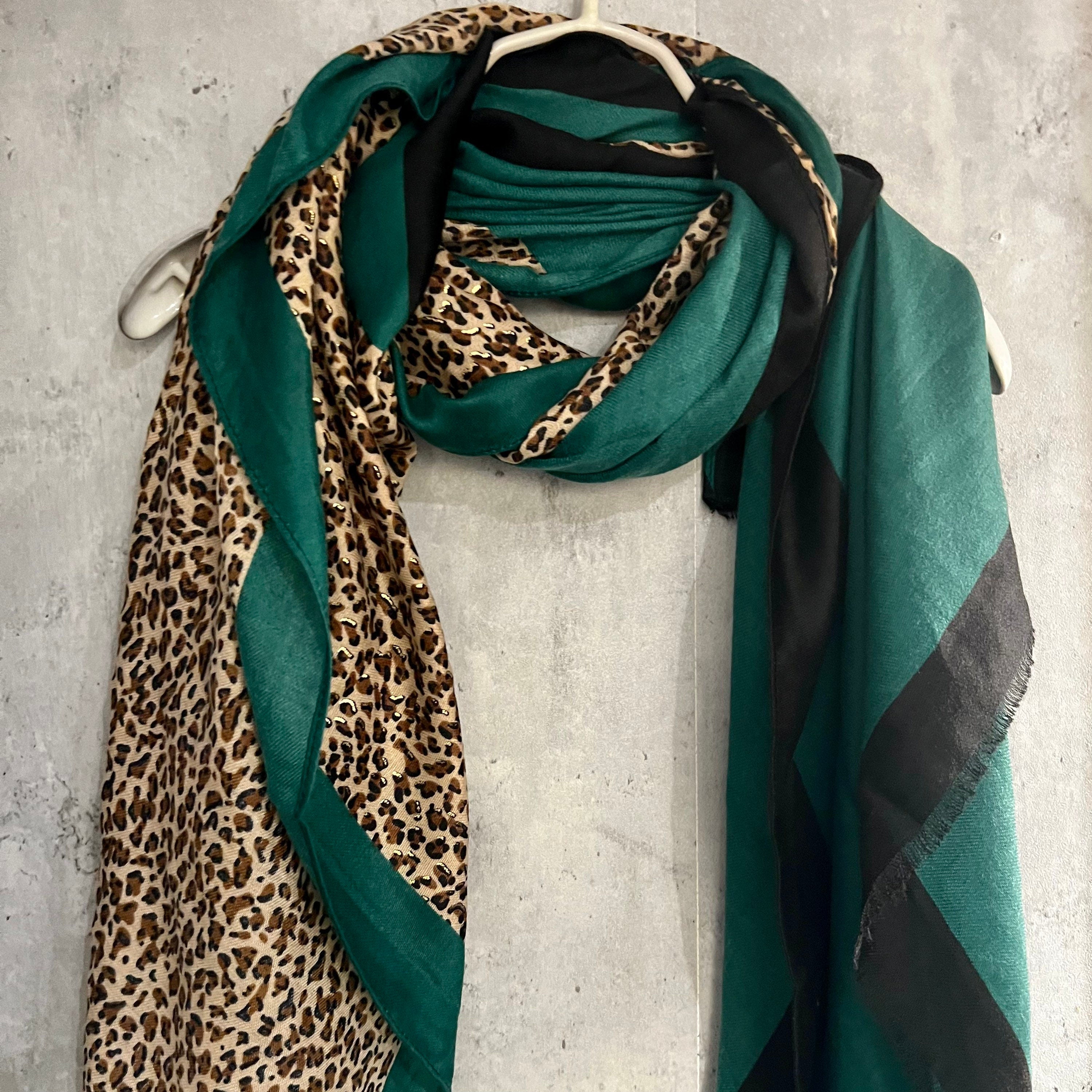Leopard X Plain Green Cotton Scarf