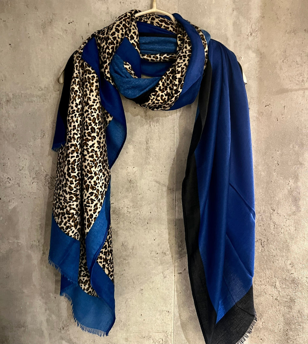 Leopard X Plain Blue Cotton Scarf