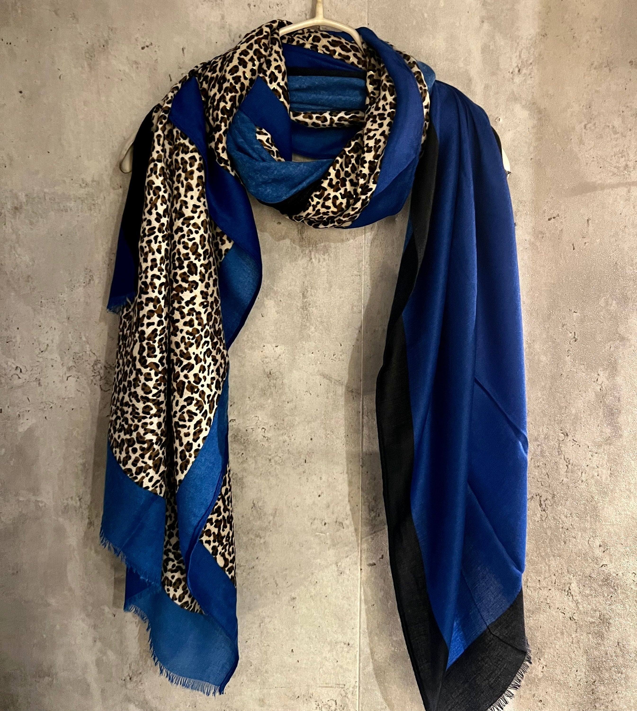 Leopard X Plain Blue Cotton Scarf