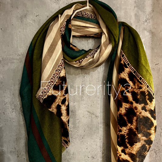 Leopard X Lines Pattern Brown Green Cotton Scarf/Summer Autumn Women Scarf/Gifts For Her Birthday Christmas/UK Seller
