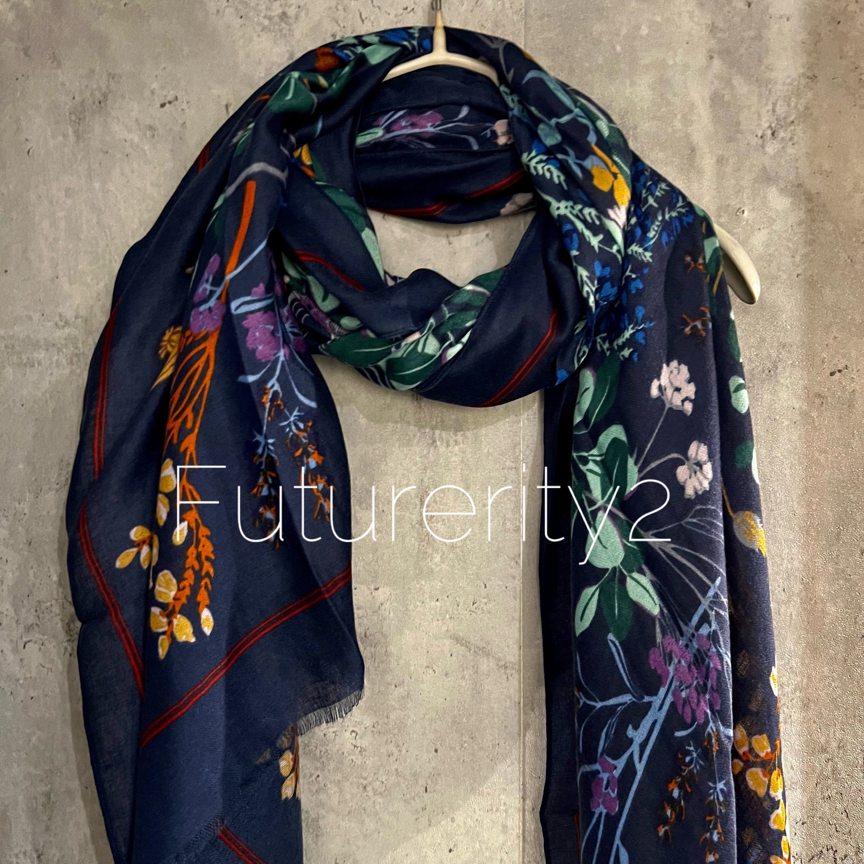 Multi Flowers Stem Blue Cotton Scarf