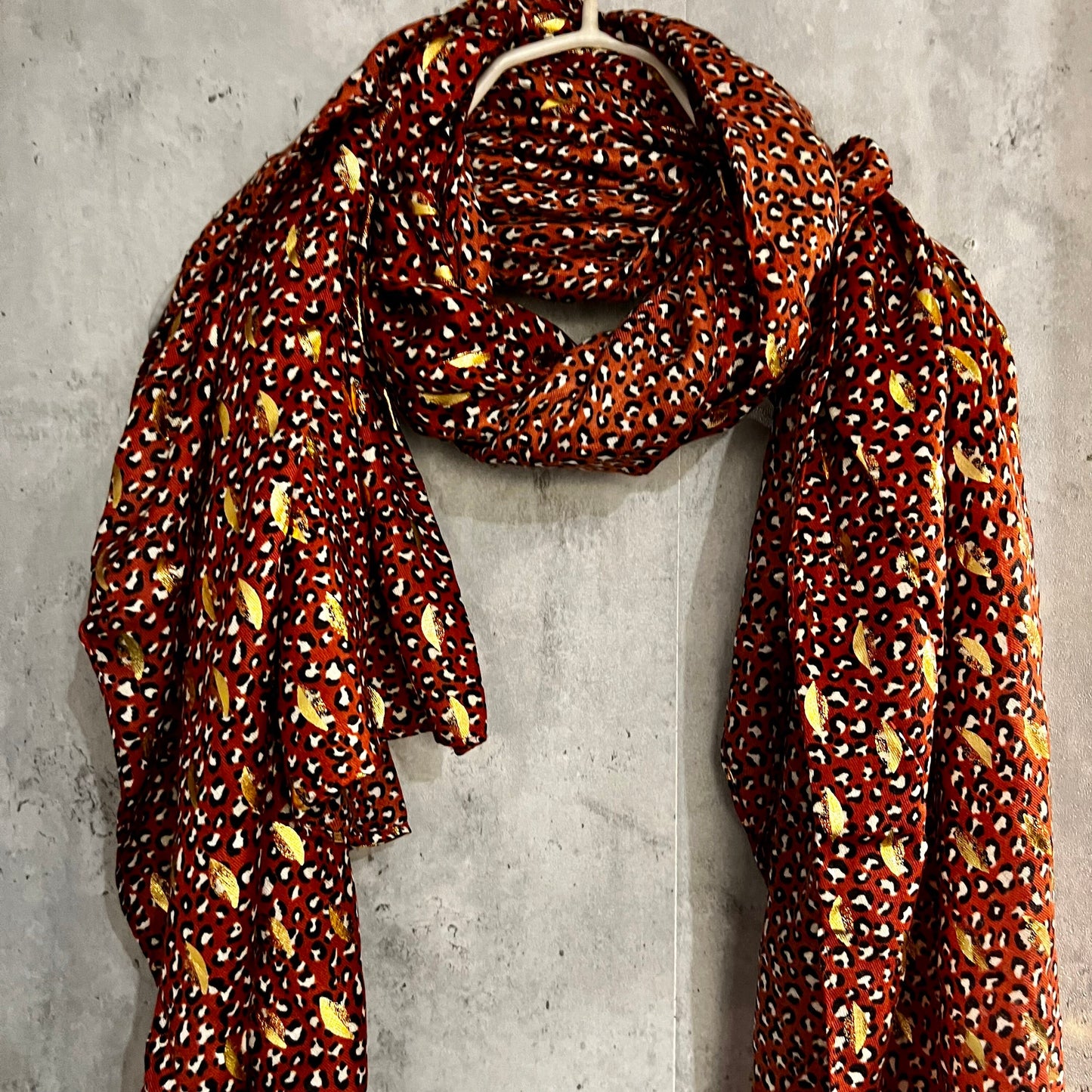 Seamless Small leaf’s With Gold Foil Red Cotton Scarf/Summer Autumn Winter Scarf/Gifts For Mum/Gifts For Her Birthday Christmas/UK Seller
