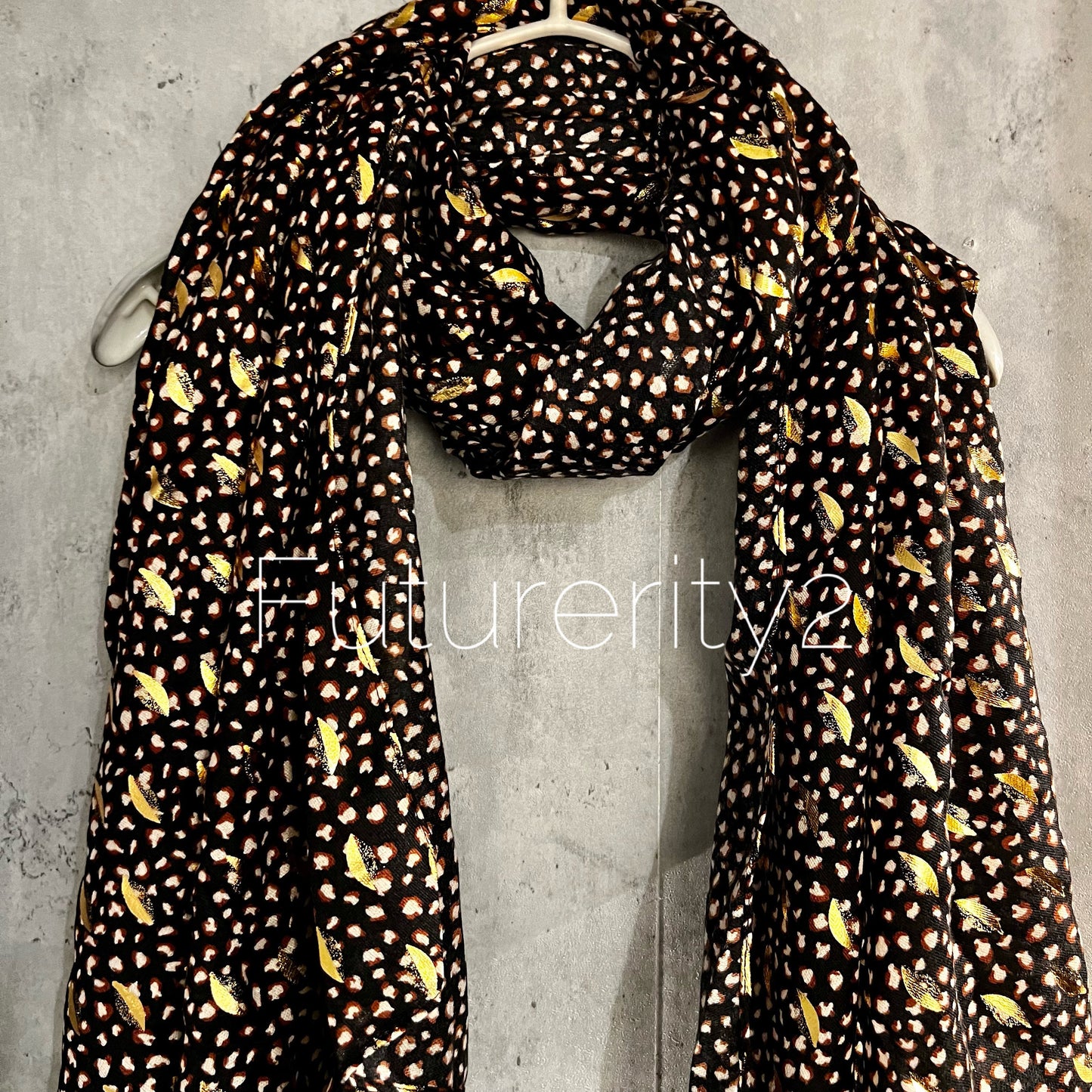 Seamless Small leaf’s With Gold Foil Black Cotton Scarf/Summer Autumn Winter Scarf/Gifts For Mum/Gifts For Her Birthday Christmas/UK Seller