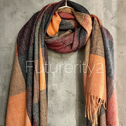 Dusty Block Pattern Orange Grey Cashmere Blend Scarf/Autumn Winter Scarf/Gifts For Mum/Gift For Her/Scarf Women/Christmas Birthday Gifts