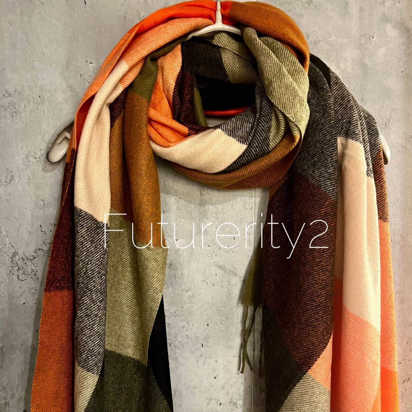 Block Pattern Orange Grey Cashmere Blend Scarf/Winter Autumn Scarf/Gifts For Mum/Gifts For Her/Scarf Women/Christmas Birthday Gift