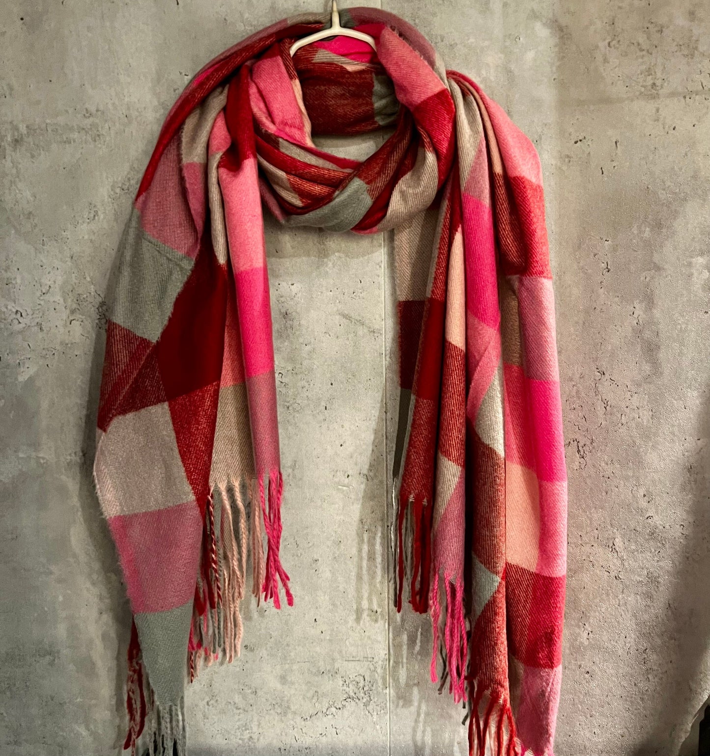Checked Pattern Pink Red Beige Cashmere Blend Scarf,Autumn Winter Scarf