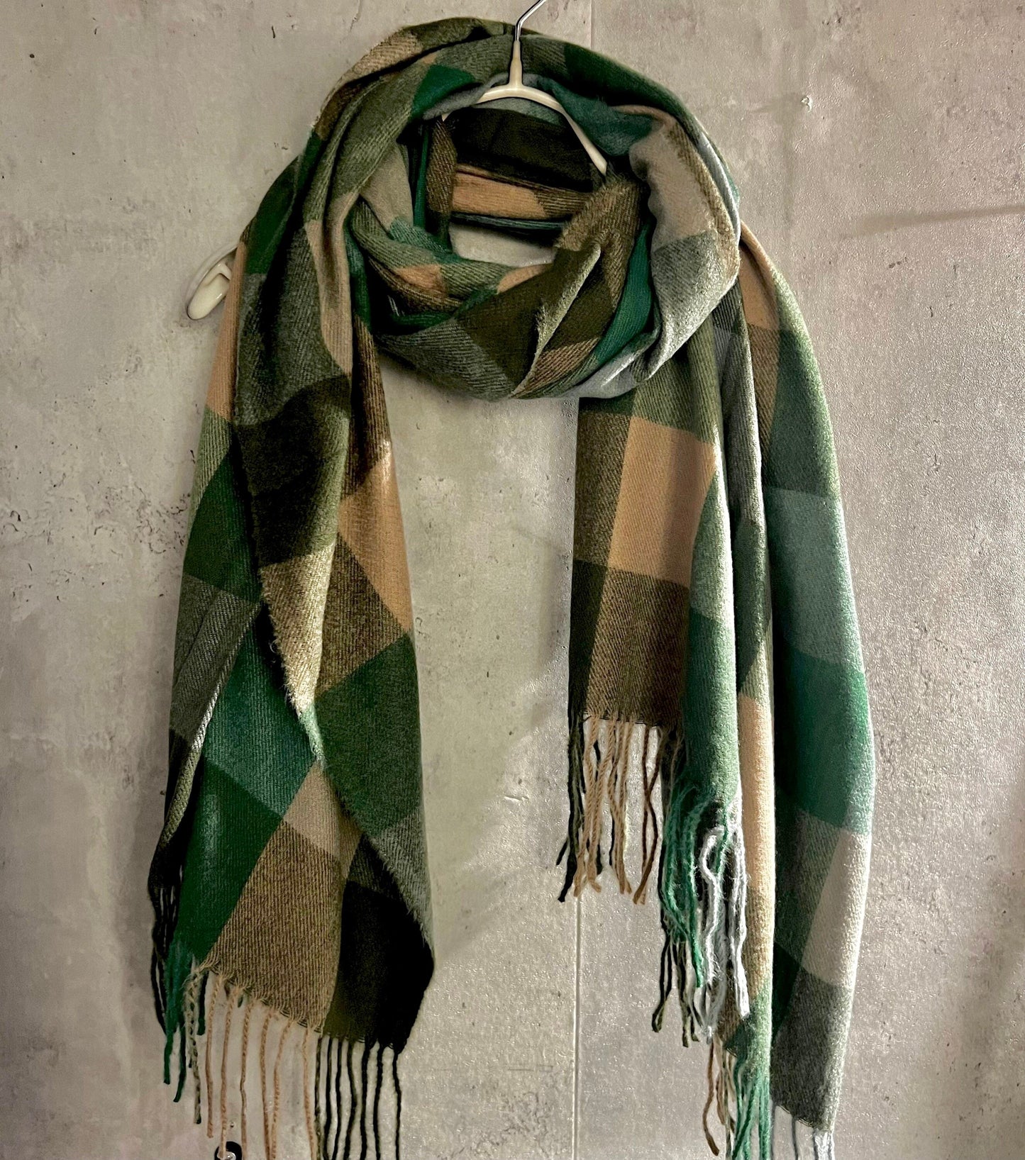 Checked Pattern Green Beige Grey Cashmere Blend Scarf/Winter Autumn Scarf/Gifts For Mum/Gifts For Her/Men Scarf/Christmas Birthday Gifts