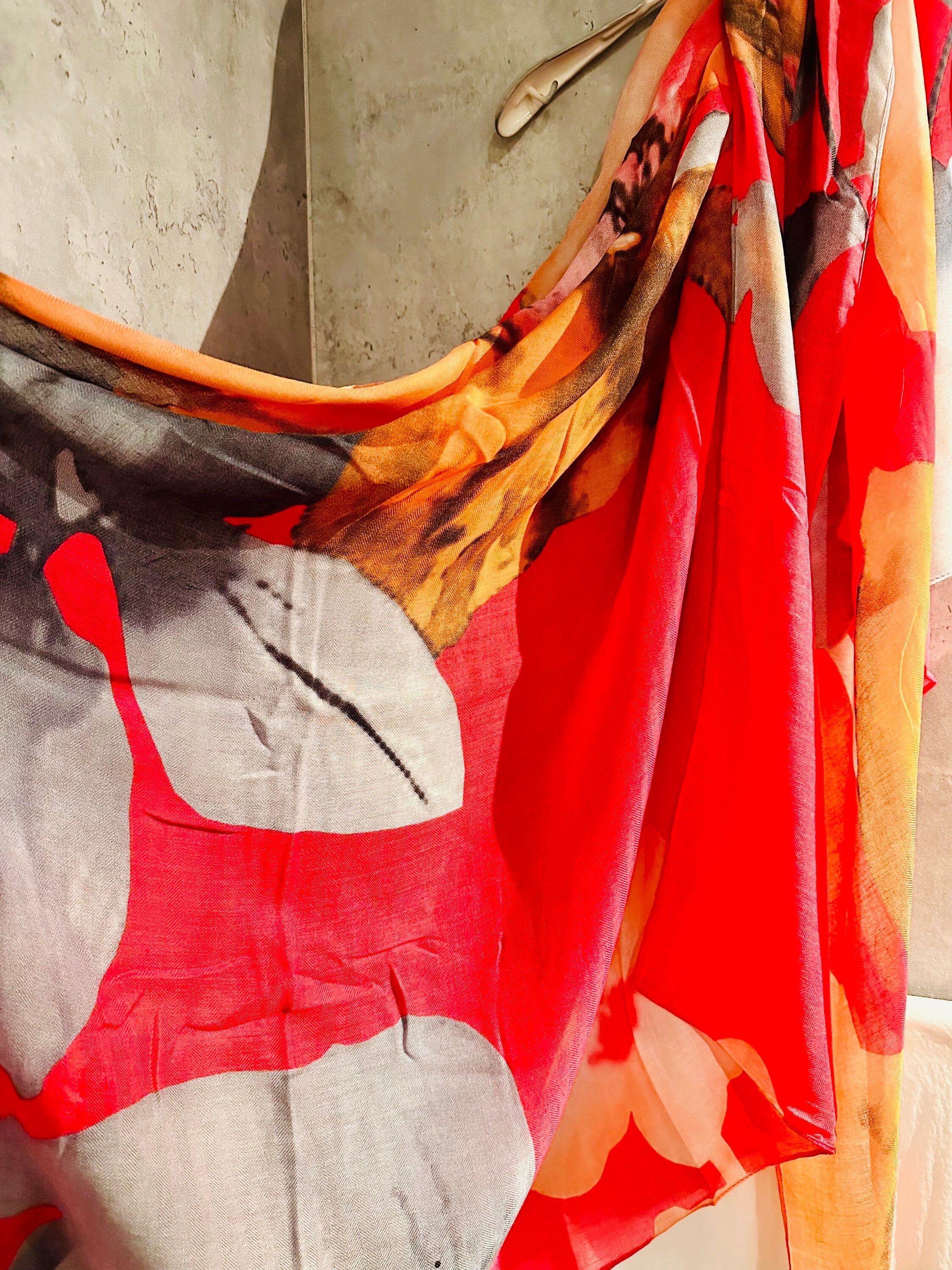 Pink Grey Orange Organic Cotton Scarf with Huge Flower and Leaf Design