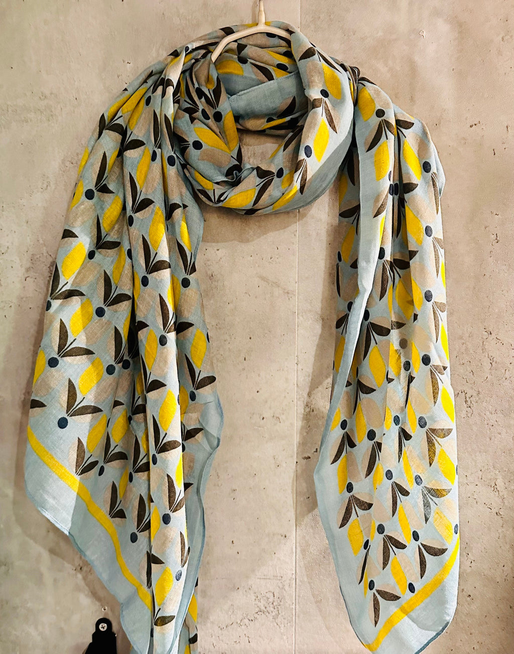 Grey Blue Organic Cotton Scarf with Eco-Friendly Retro Seamless Flowers