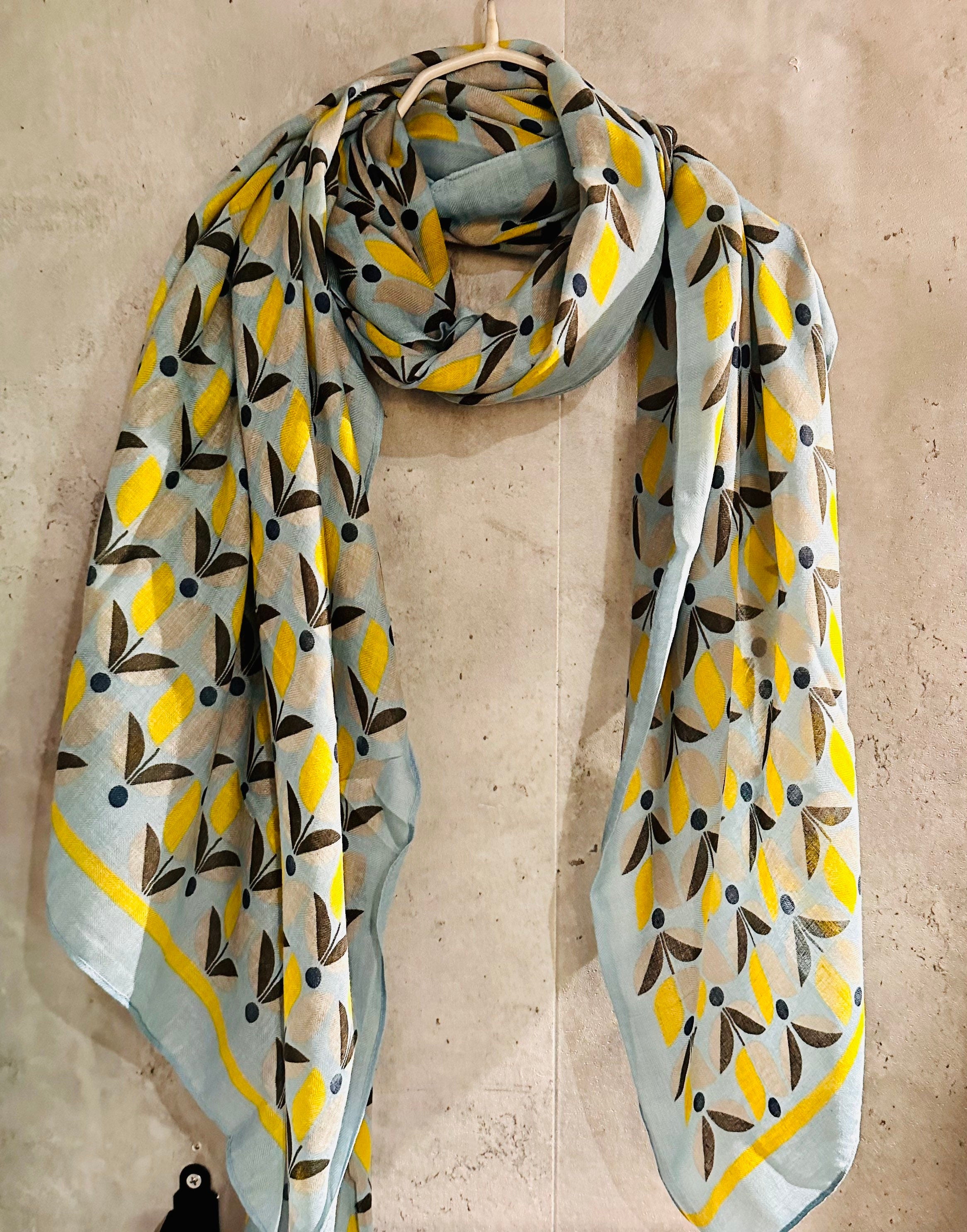 Grey Blue Organic Cotton Scarf with Eco-Friendly Retro Seamless Flowers