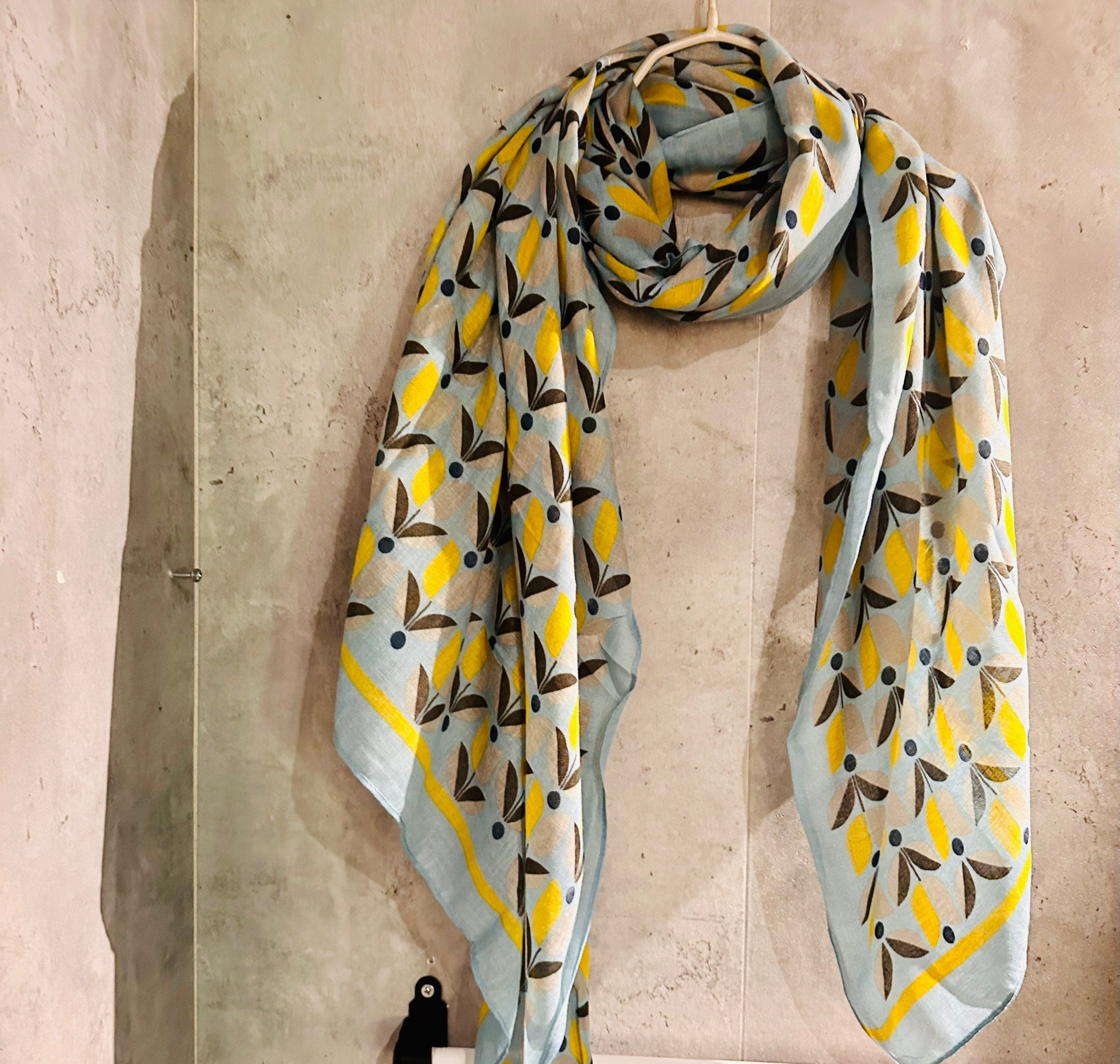 Grey Blue Organic Cotton Scarf with Eco-Friendly Retro Seamless Flowers