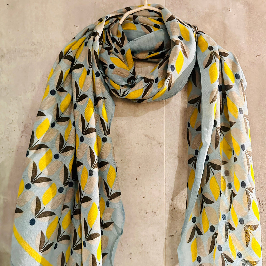 Grey Blue Organic Cotton Scarf with Eco-Friendly Retro Seamless Flowers