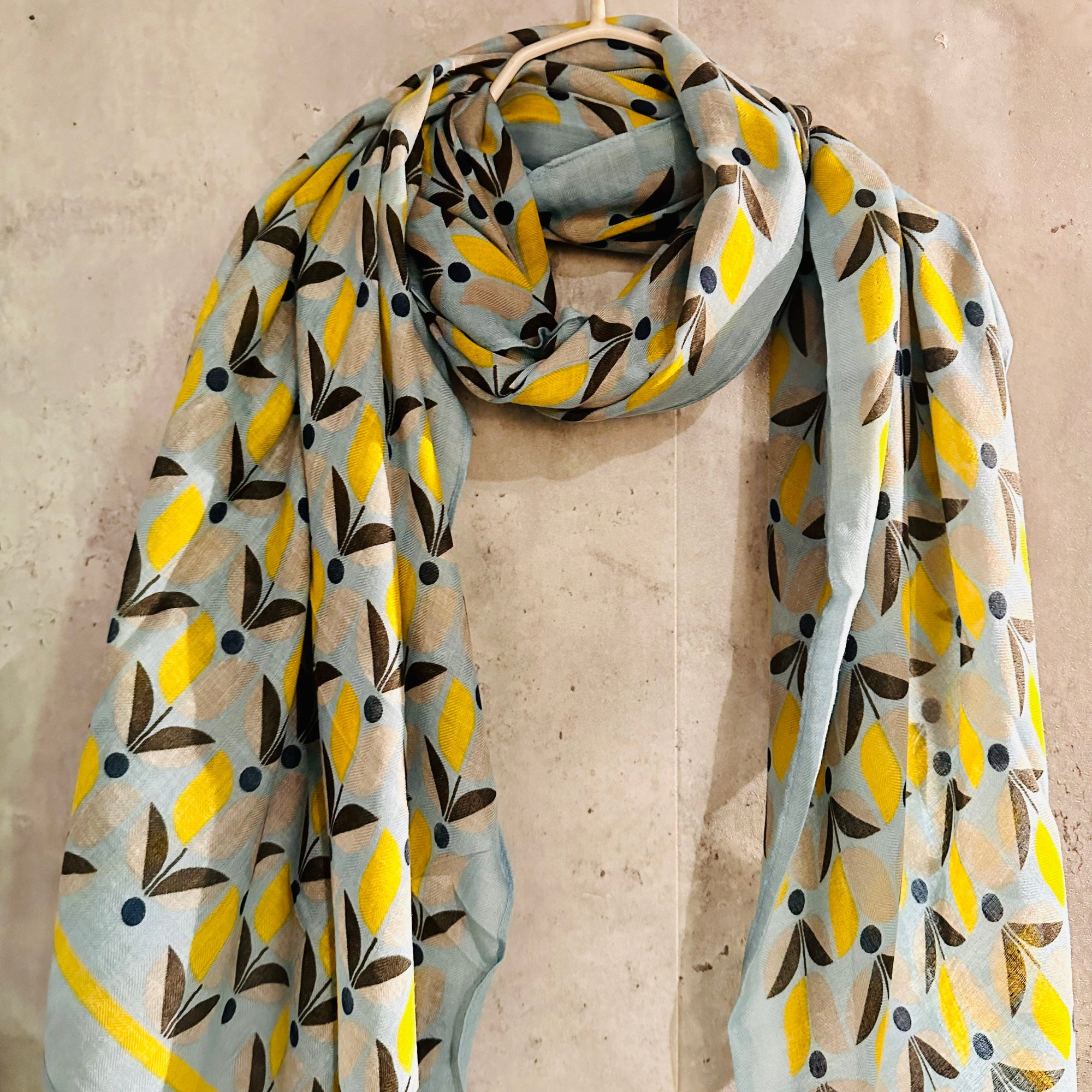 Grey Blue Organic Cotton Scarf with Eco-Friendly Retro Seamless Flowers
