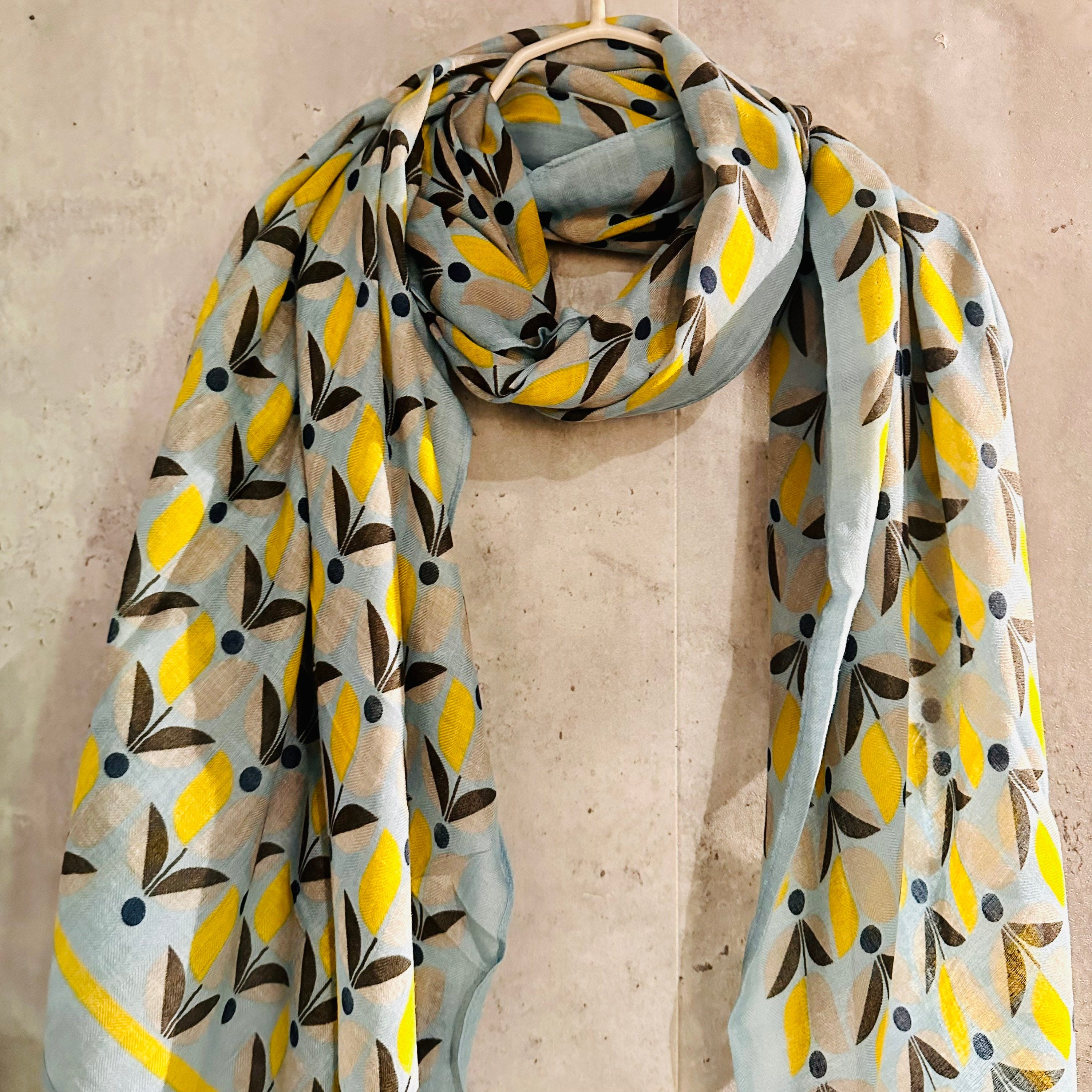 Grey Blue Organic Cotton Scarf with Eco-Friendly Retro Seamless Flowers
