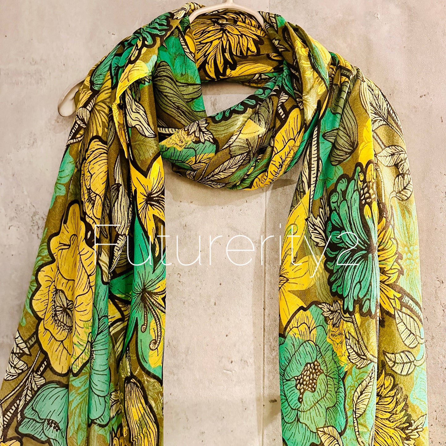 ECO Friendly Sketched Flowers Leaves Organic Cotton Green Yellow Scarf/Spring Summer Autumn Scarf/Gifts For Mother/Birthday Christmas Gifts