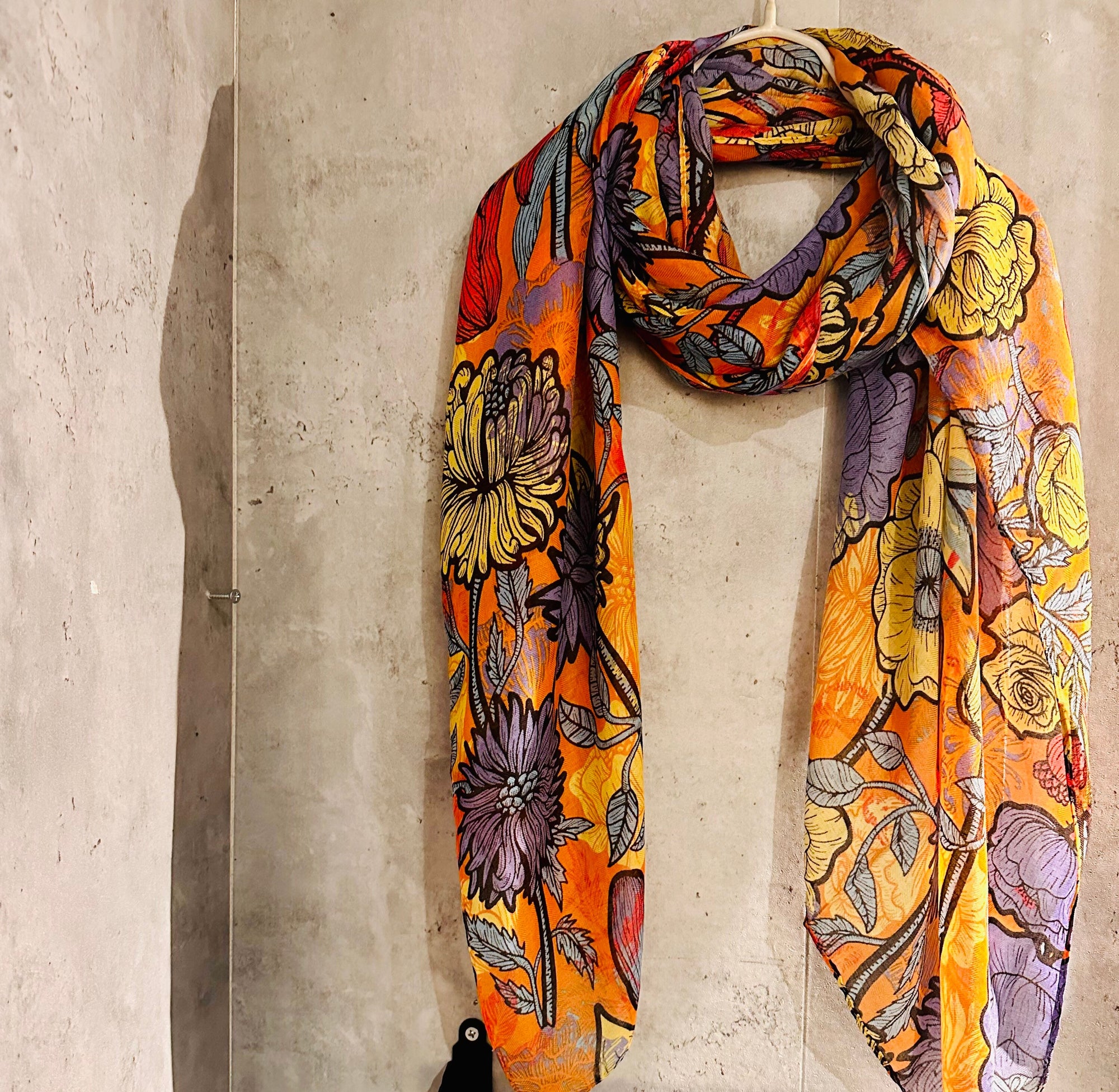 Purple Orange Organic Cotton Scarf with Sketched Flowers and Leaves/An Eco-Friendly Gift