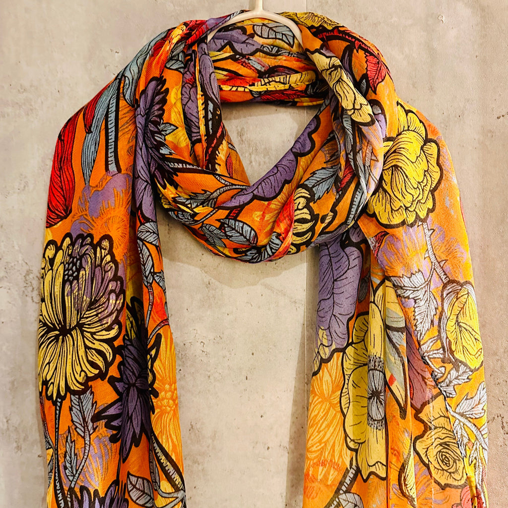 Purple Orange Organic Cotton Scarf with Sketched Flowers and Leaves/An Eco-Friendly Gift