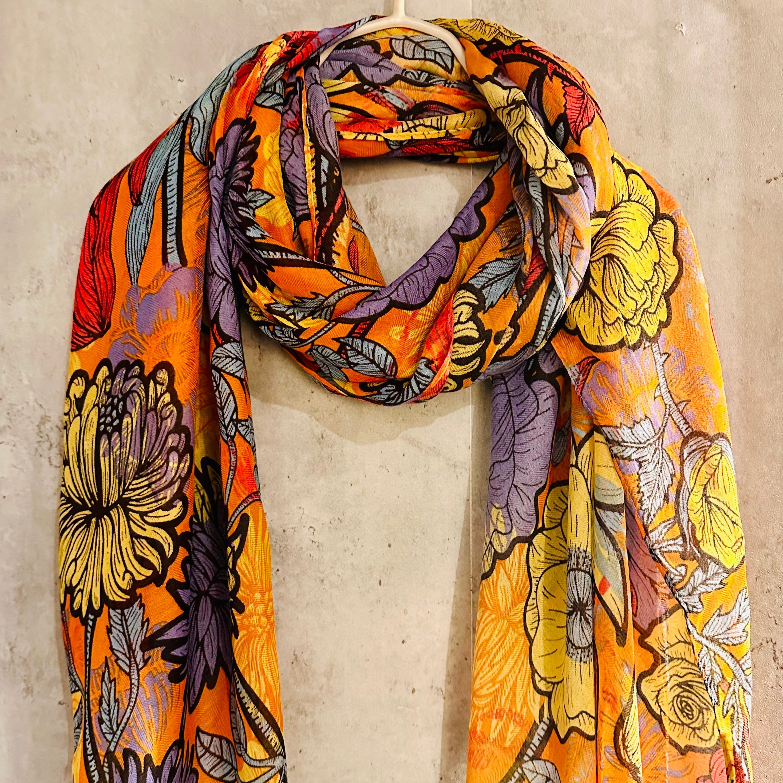 Purple Orange Organic Cotton Scarf with Sketched Flowers and Leaves/An Eco-Friendly Gift