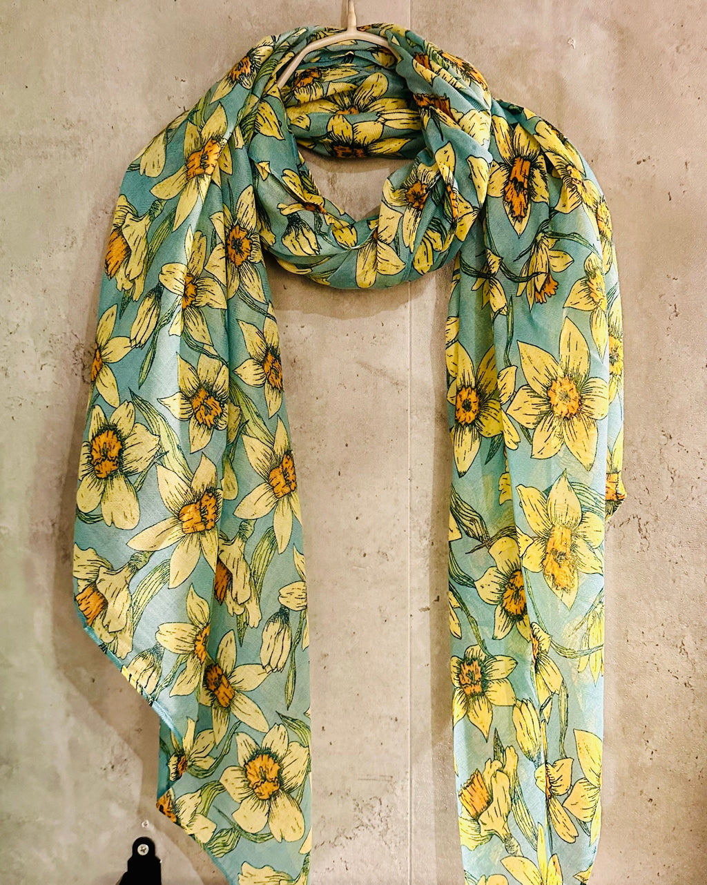 Teal Blue Organic Cotton Scarf with Eco-Friendly Seamless Daffodil Flowers