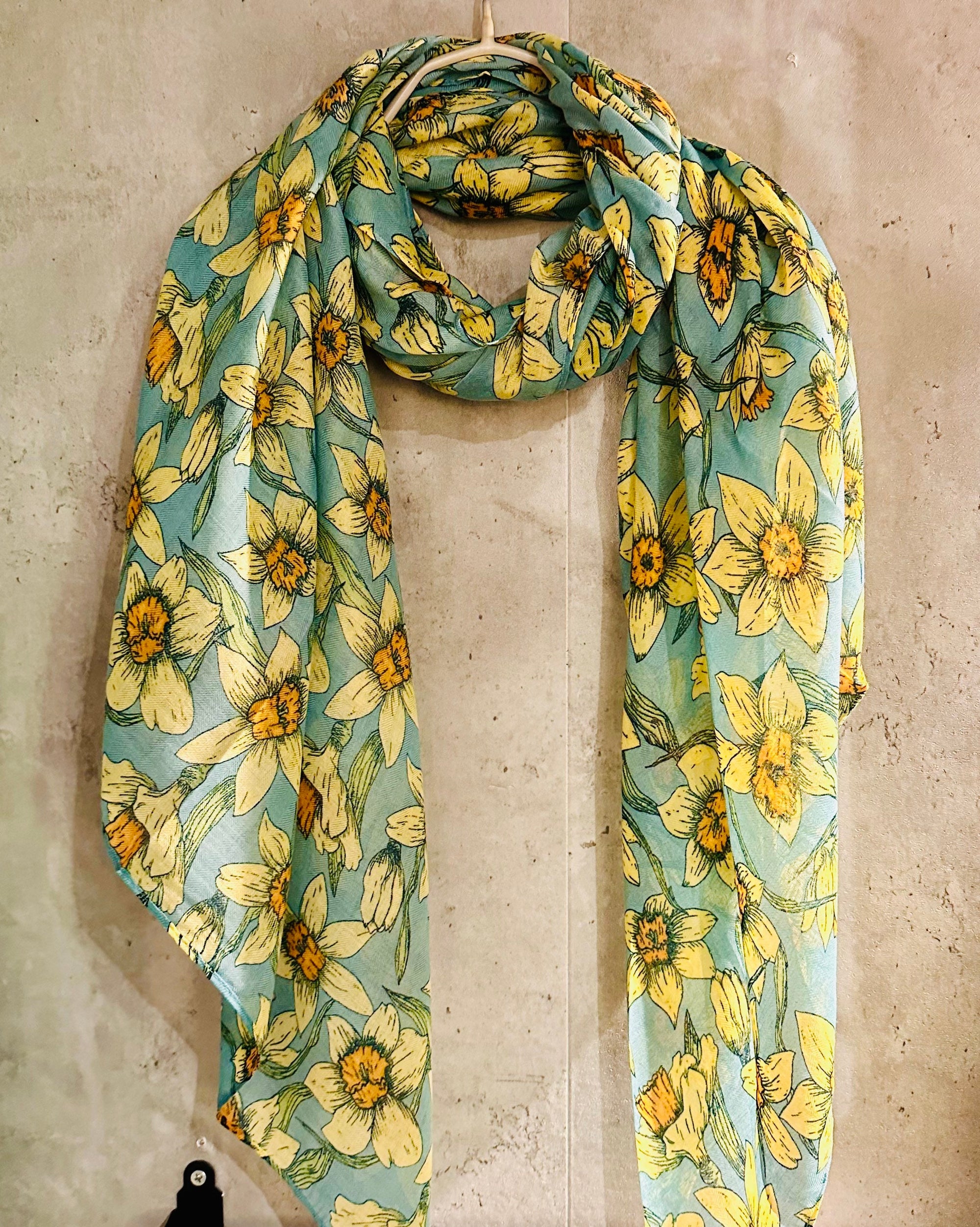 Teal Blue Organic Cotton Scarf with Eco-Friendly Seamless Daffodil Flowers