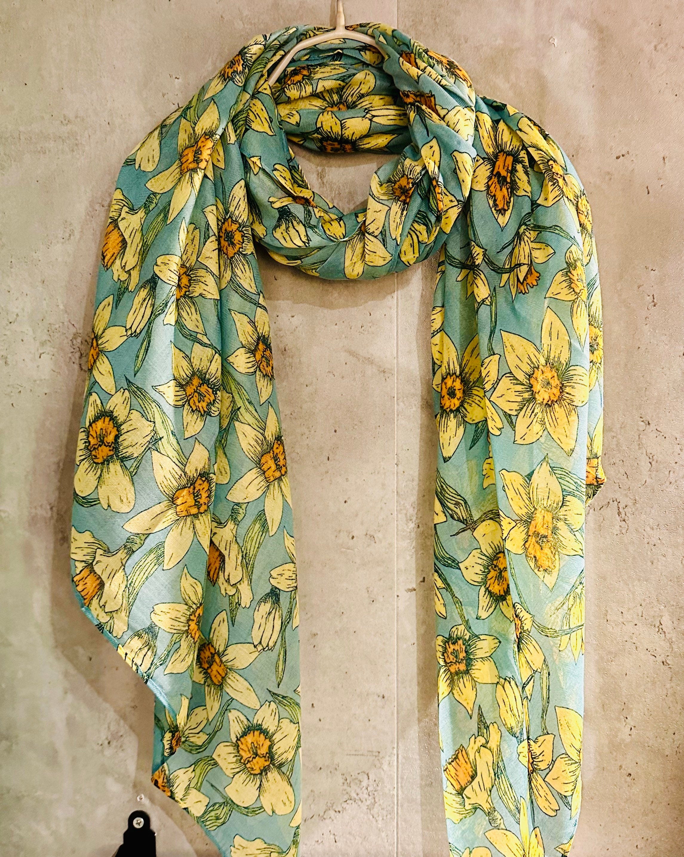 Teal Blue Organic Cotton Scarf with Eco-Friendly Seamless Daffodil Flowers