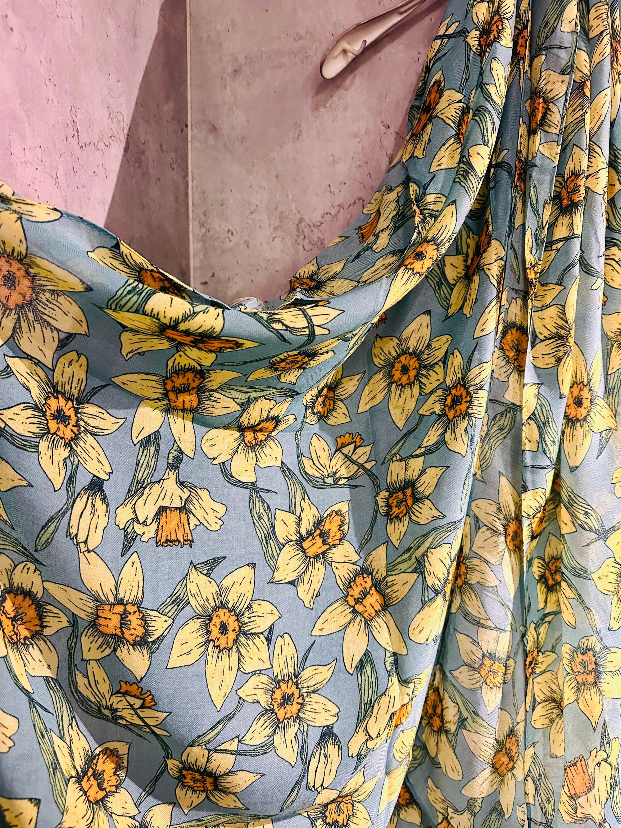 Teal Blue Organic Cotton Scarf with Eco-Friendly Seamless Daffodil Flowers