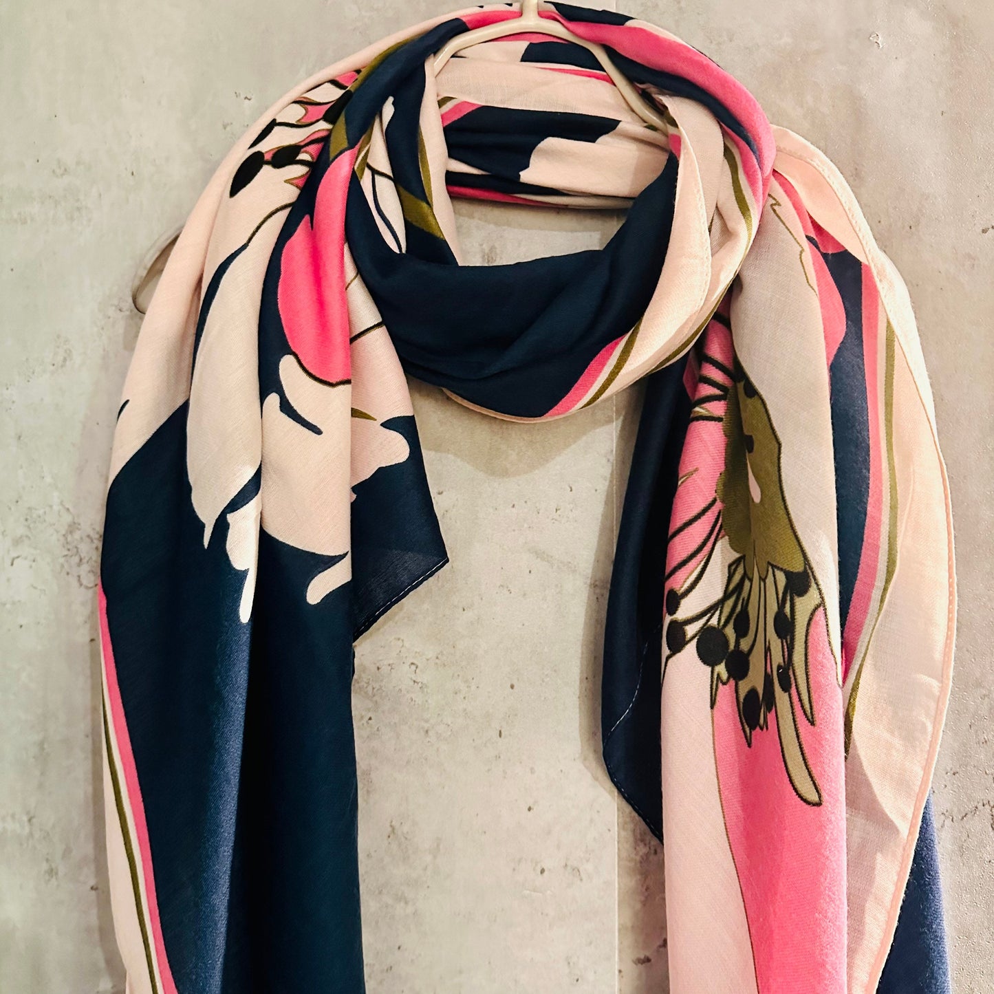 Pink Blue Organic Cotton Scarf with Huge Sketched Peony Flowers – An Eco-Friendly Gift for Mom, Perfect for Birthday and Christmas Celebrations