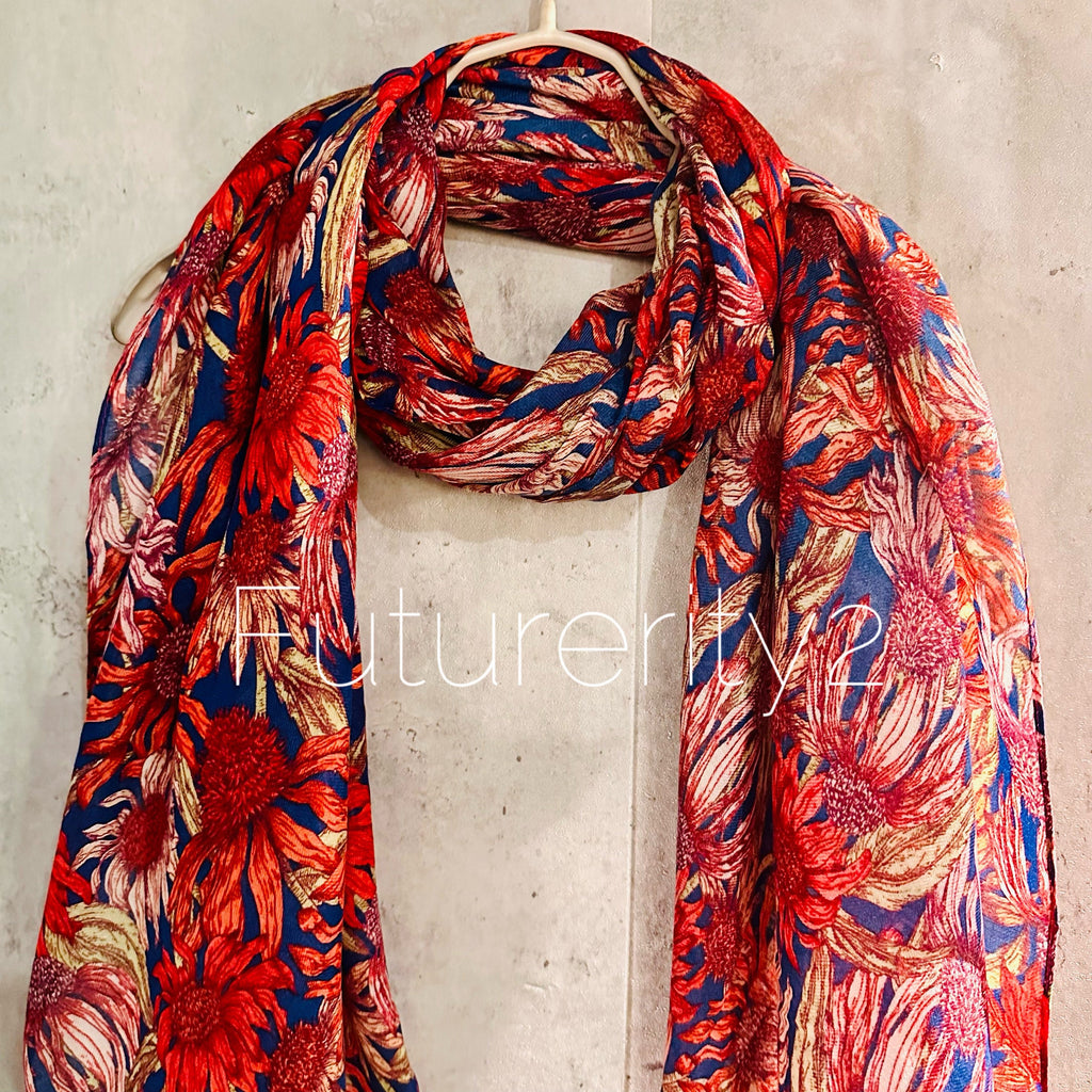 Red Organic Cotton Scarf with Eco-Friendly Sketched Sunflowers